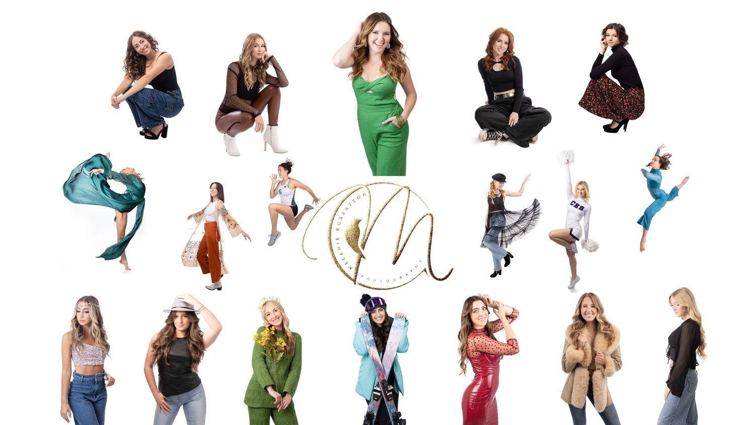 A collage of diverse women in stylish outfits posing dynamically on a white background with a decorative monogram logo.