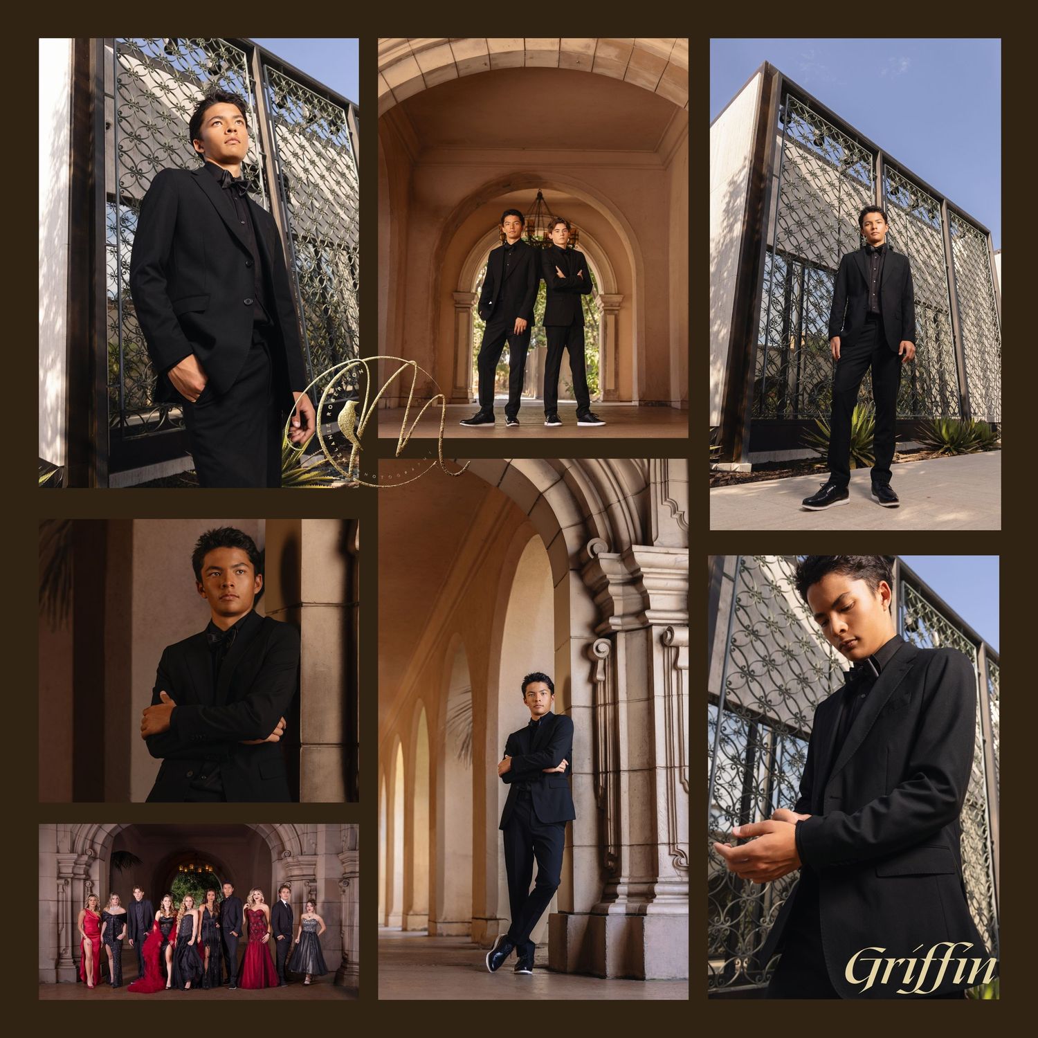 A young man in a black suit poses elegantly in multiple shots at an ornate architectural venue labeled Griffin.