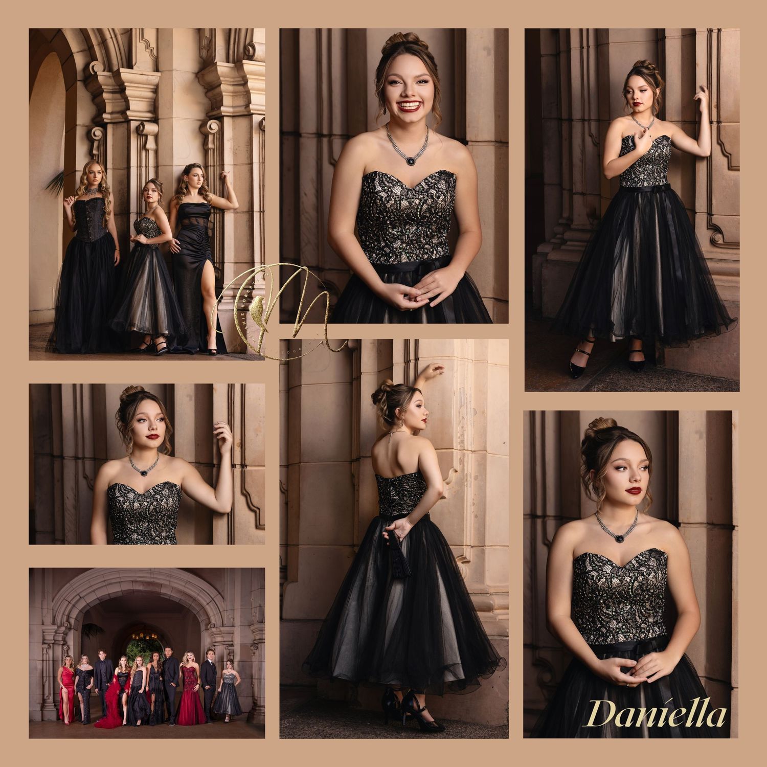 Young woman named Danielella poses elegantly in a black beaded strapless ball gown in a collage of formal portrait photos.