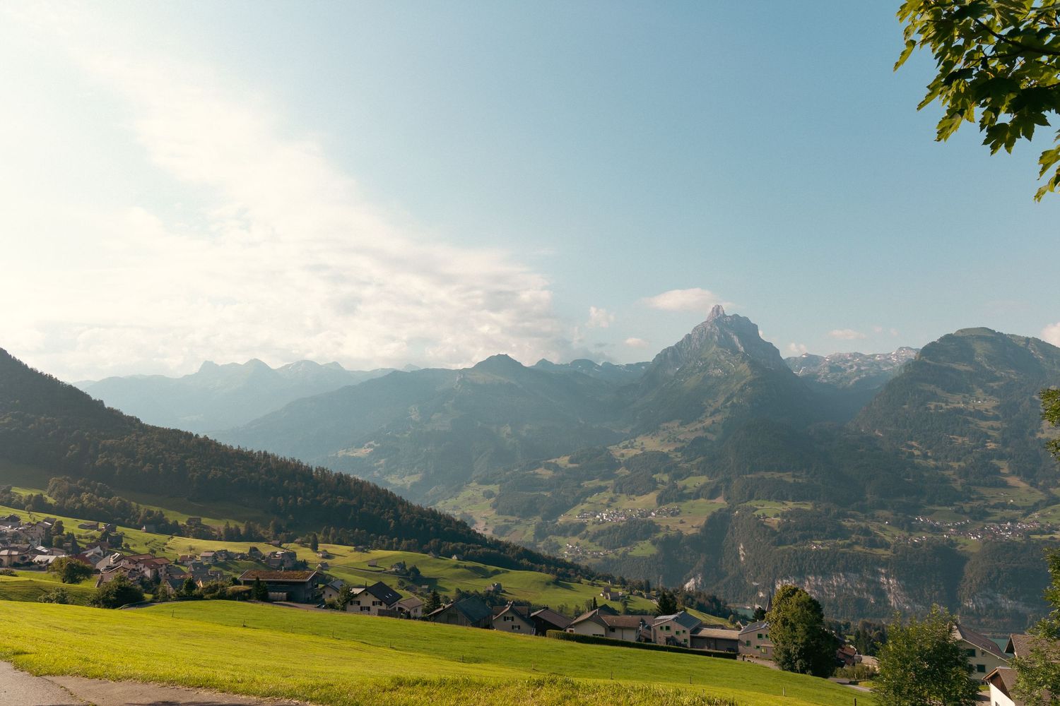 Panorama gór i doliny w Szwajcarii, zielone łąki i pasmo Alp w tle