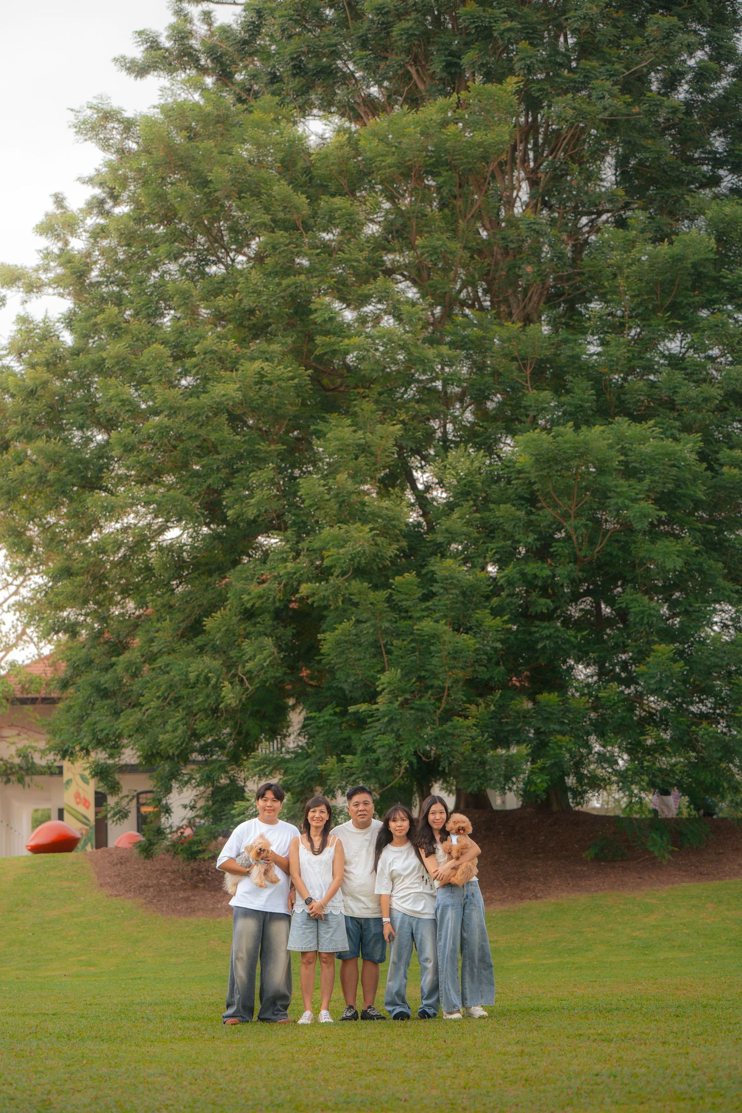 Family of five posing together on green lawn in front of large tree, wearing coordinated white and blue casual outfits.