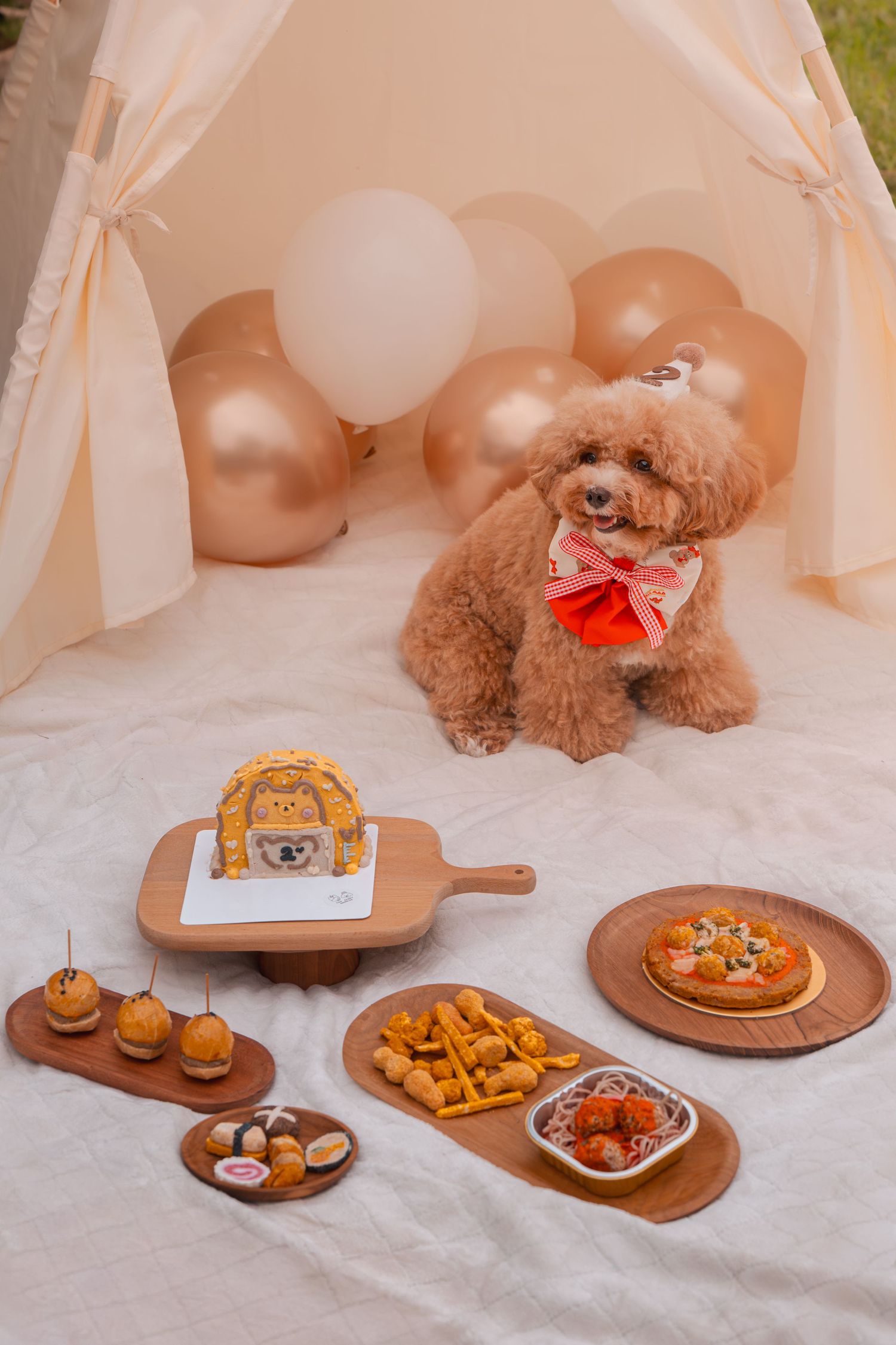 A series of photos showing various appetizers and snacks arranged on wooden serving boards with a teddy bear in the background.
