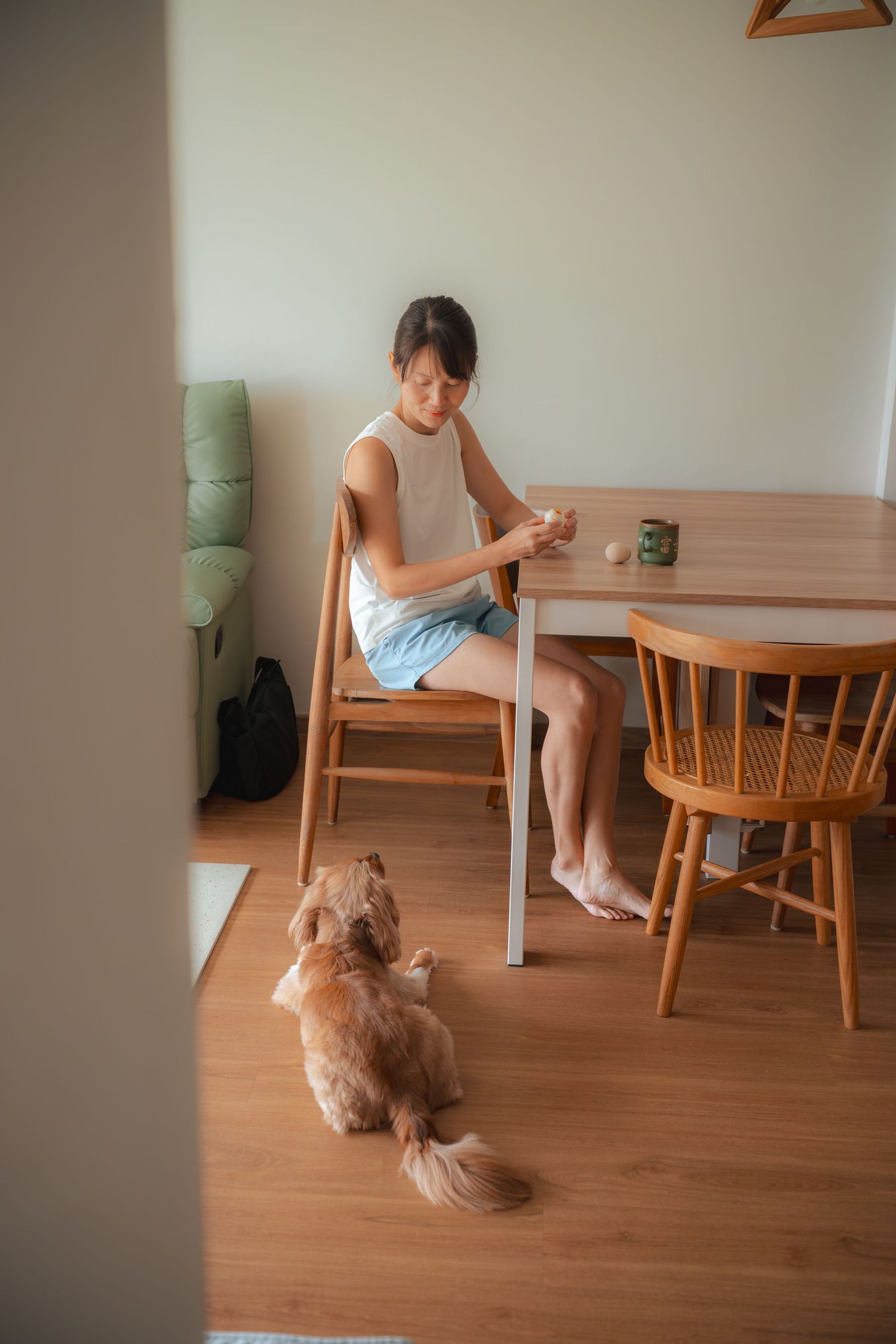 Young woman sitting at wooden dining table with small brown dog looking up at her in cozy home interior.