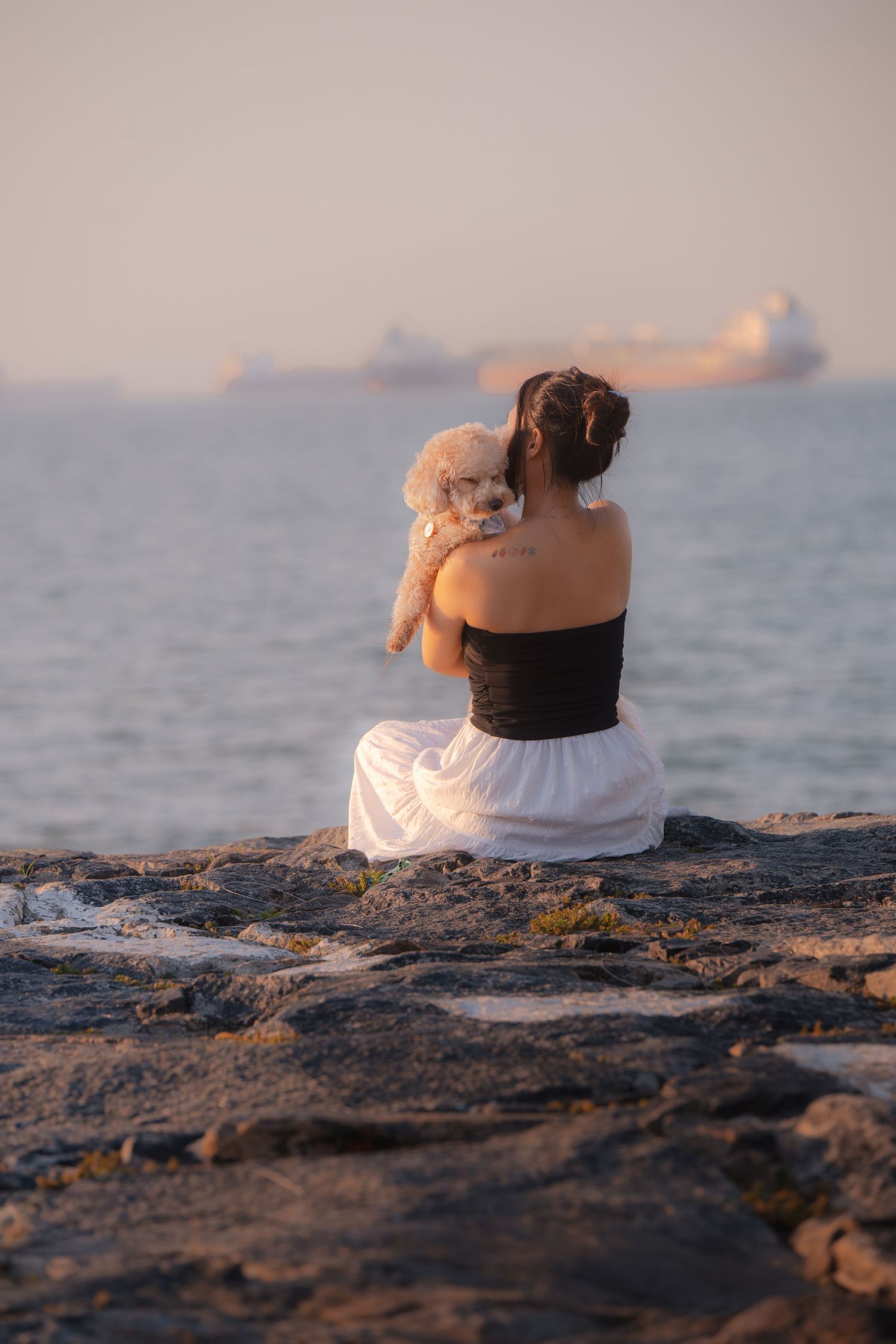 Woman sitting on rocks holding a fluffy dog, facing the ocean with a large ship in the distance at sunset.