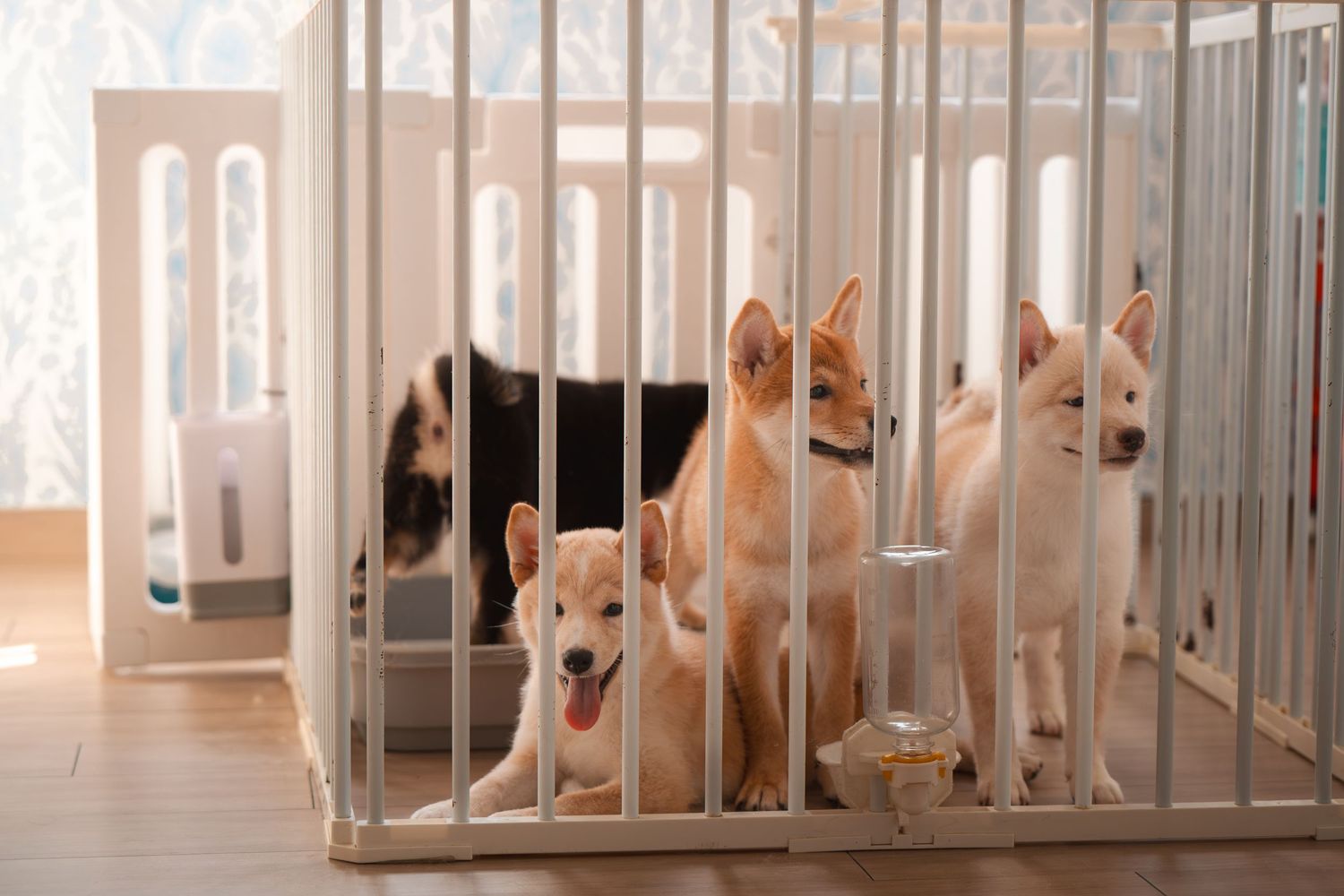 Multiple Shiba Inu puppies inside a white dog pen enclosure on a wooden floor.