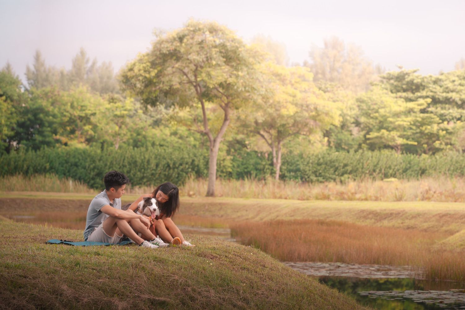 Two people sitting together on grass by a pond in a lush green park on a peaceful day.