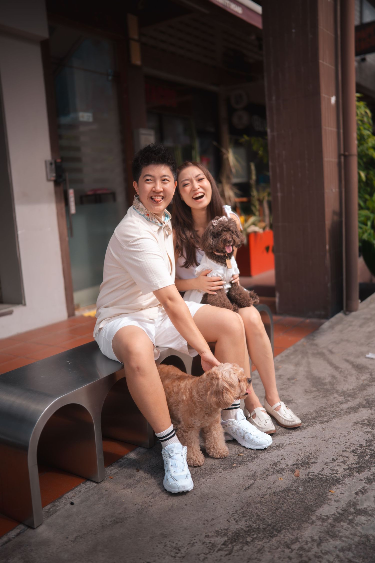 A couple in white clothing sits on a bench with a small brown dog, sharing joyful laughter together.