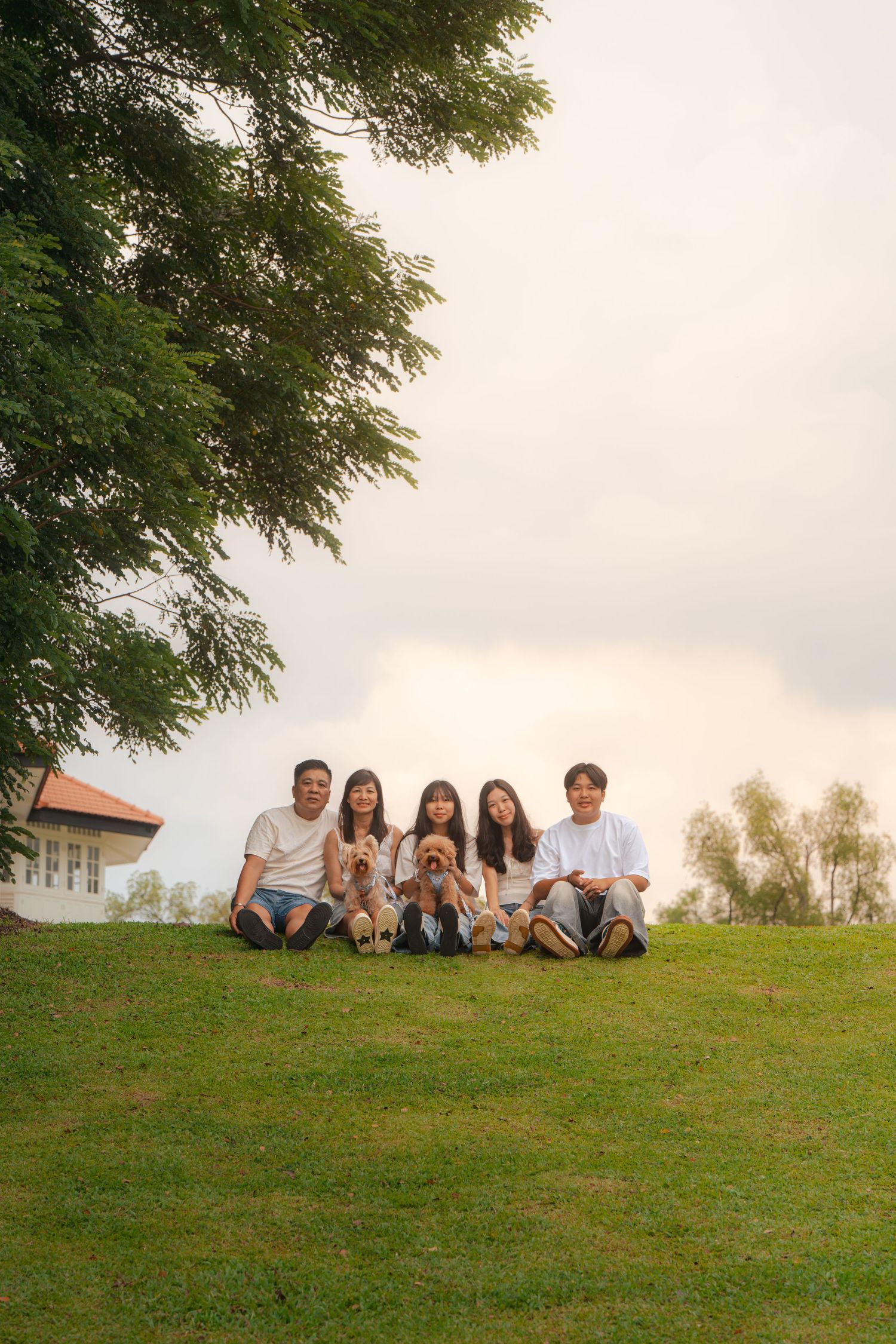A happy Asian family of five sitting on green grass with two golden dogs, posing outdoors near a large tree.