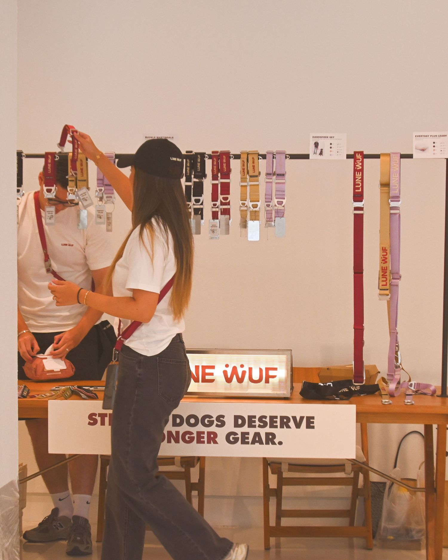 Pet store interior showing merchandise display and signage about dog gear.