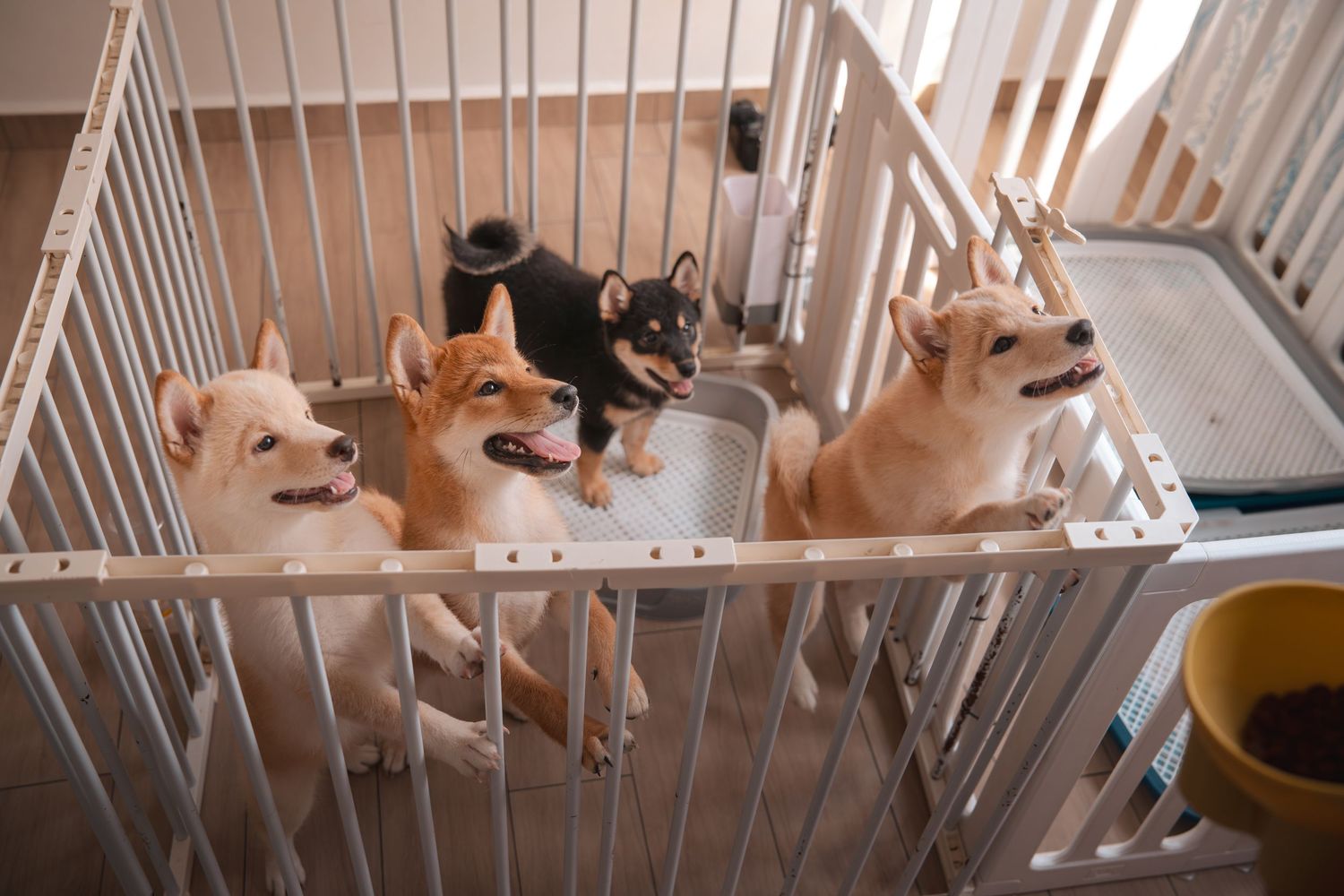 Four Shiba Inu puppies inside a white playpen, looking up curiously with a water bowl nearby.