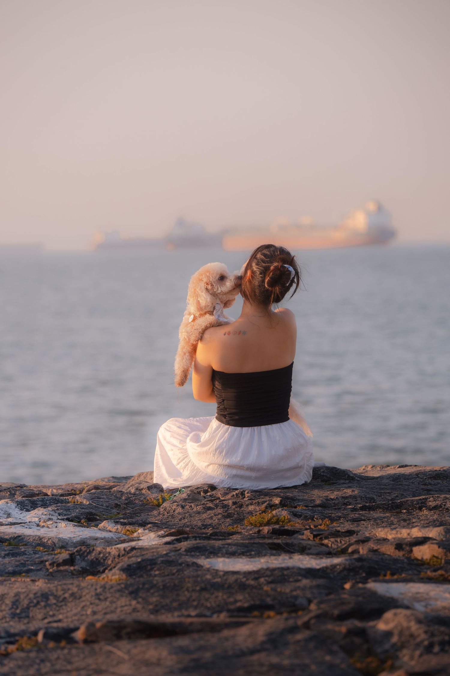 Woman in black top and white skirt sits on rocks holding small white dog, with calm ocean and ships in background.