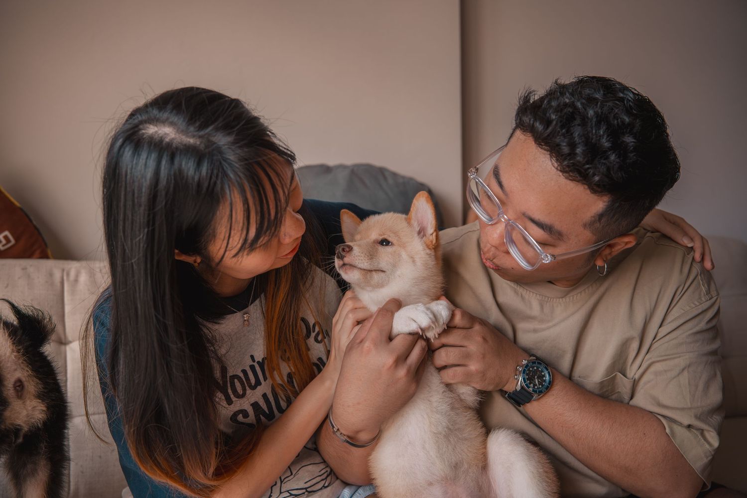 A couple smiling and cuddling an adorable Shiba Inu puppy together on a cozy sofa at home.