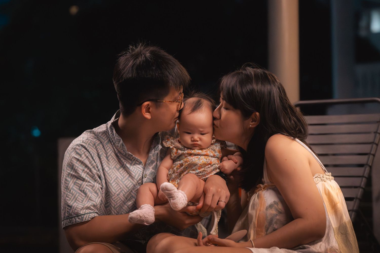 A couple shares intimate moments in a series of romantic photos on a bench outdoors.