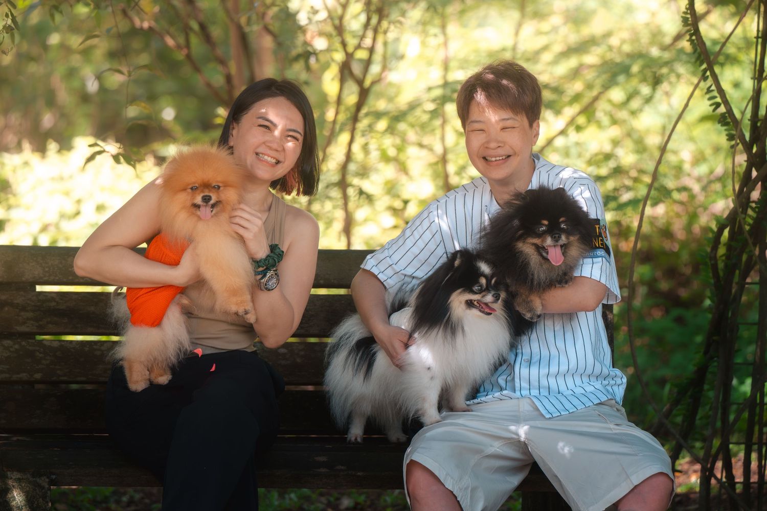 Two smiling women sit on a park bench holding fluffy Pomeranian dogs surrounded by lush green trees.