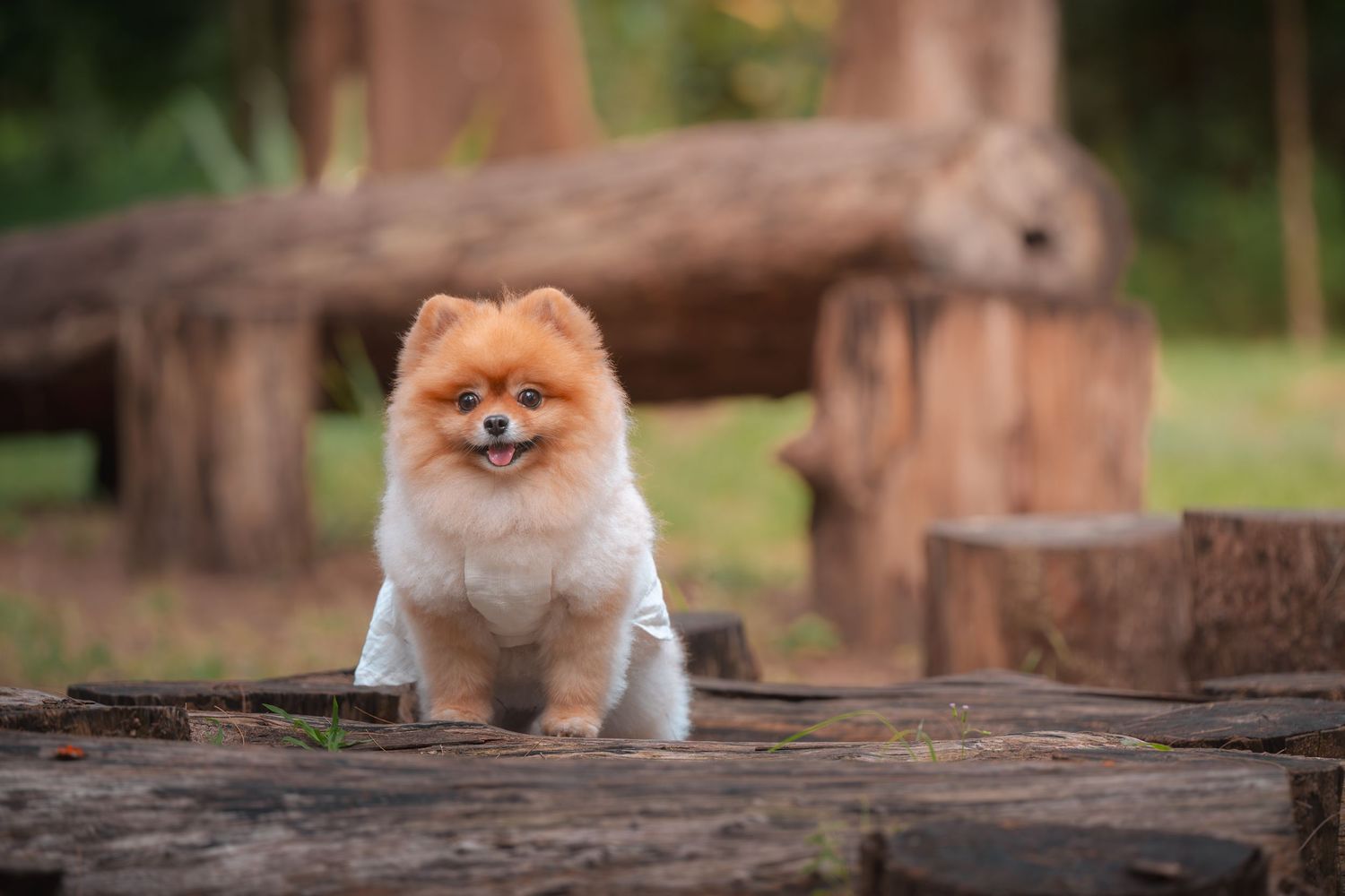 A fluffy Pomeranian dog sitting on a wooden log in a park, smiling with its orange and white fur coat.