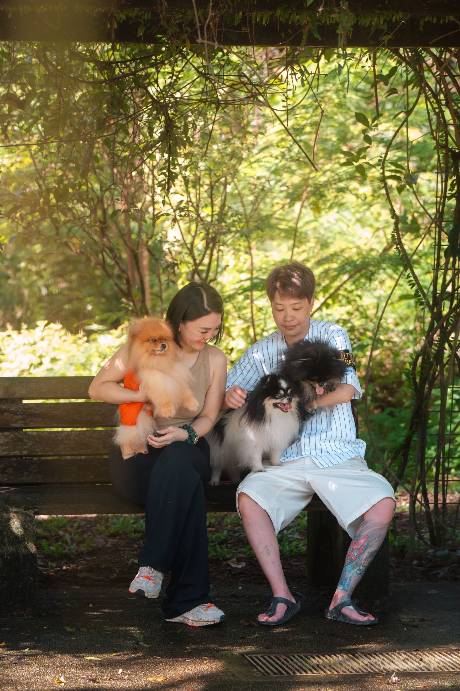 Three children sit together on a wooden bench in a sunlit wooded area, sharing a playful moment outdoors.