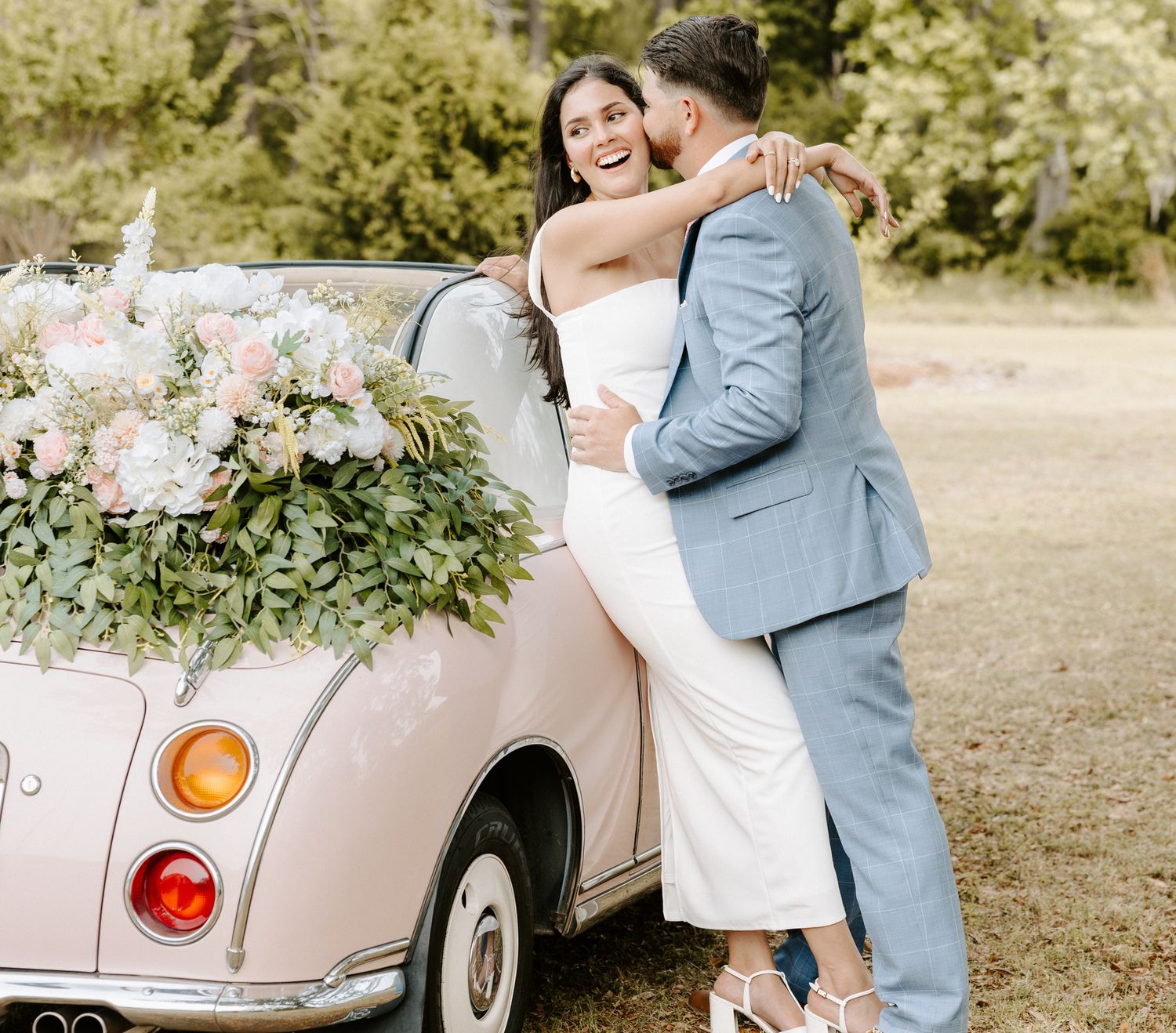 Charleston wedding/engagement/couple photos at Pine Creek Place with the Pink Figgy car