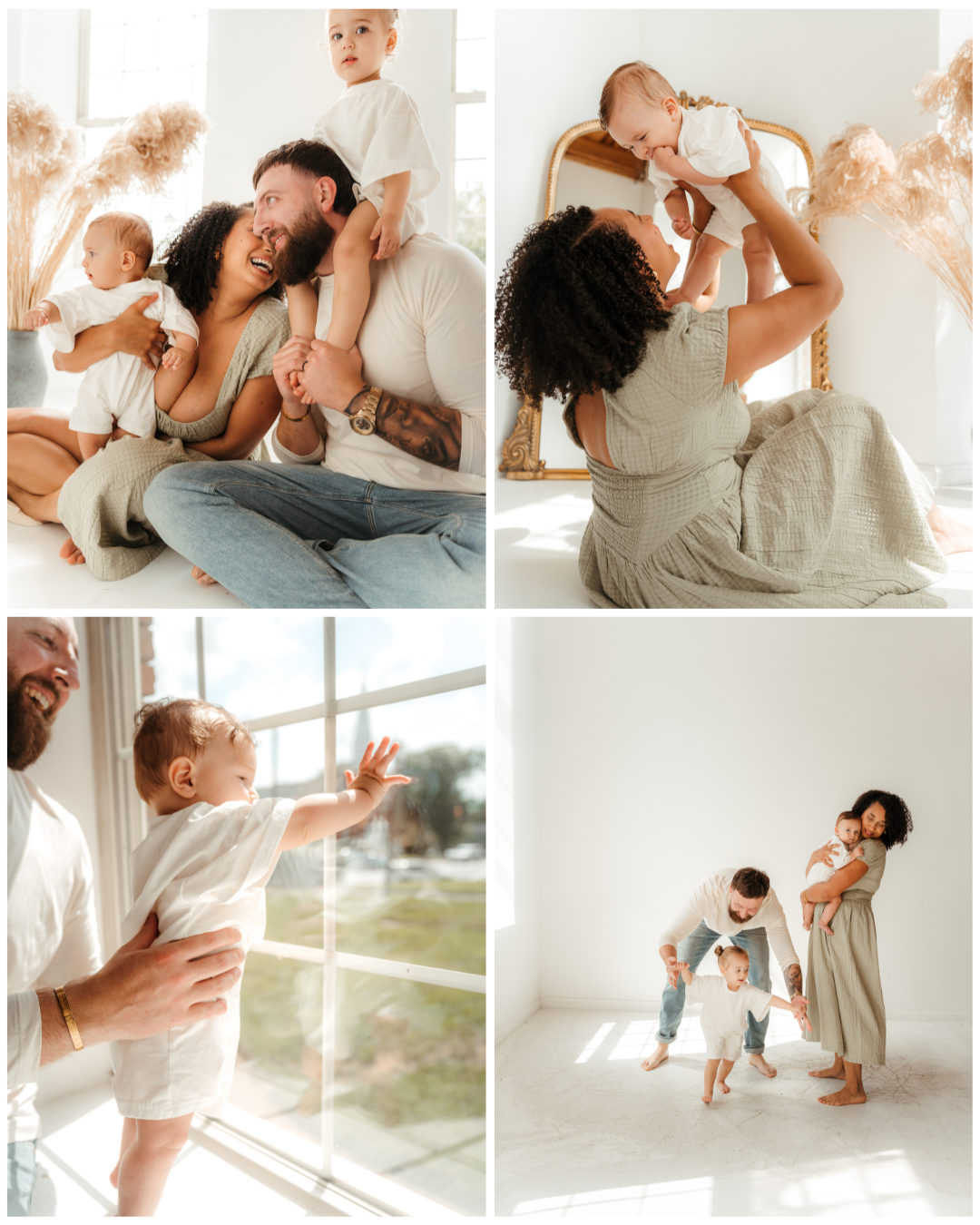 Parents lifting children into the air during an indoor studio lifestyle session in Charlotte, NC.