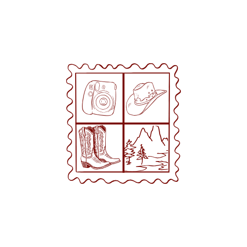 Three red postage stamps with minimalist line drawings depicting outdoor scenes and activities.