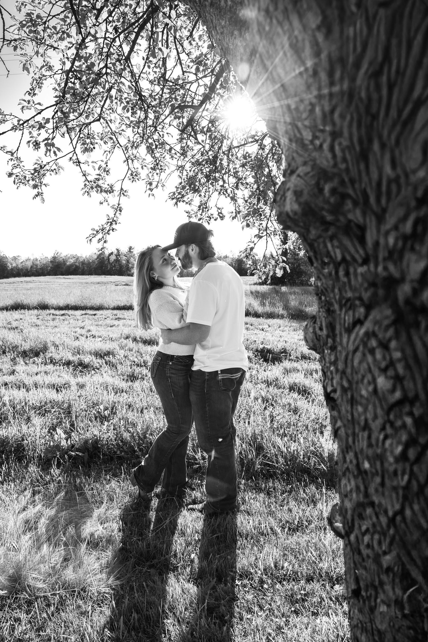 Black and white photo of a couple embracing under a tree in a sunlit field.