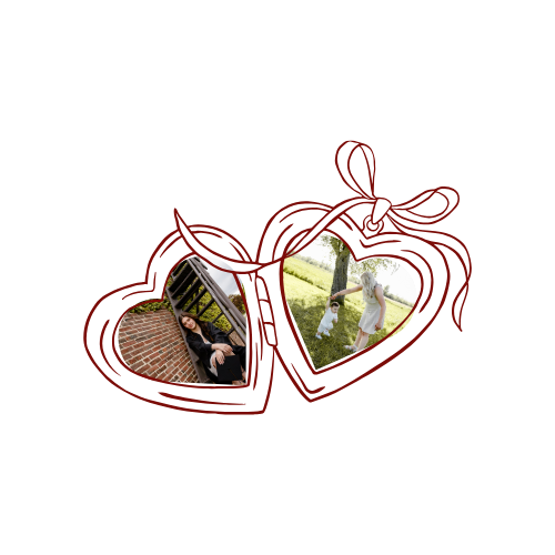 Two heart-shaped photo frames with romantic couple photos, connected by a red ribbon bow, perfect for wedding or anniversary gifts.