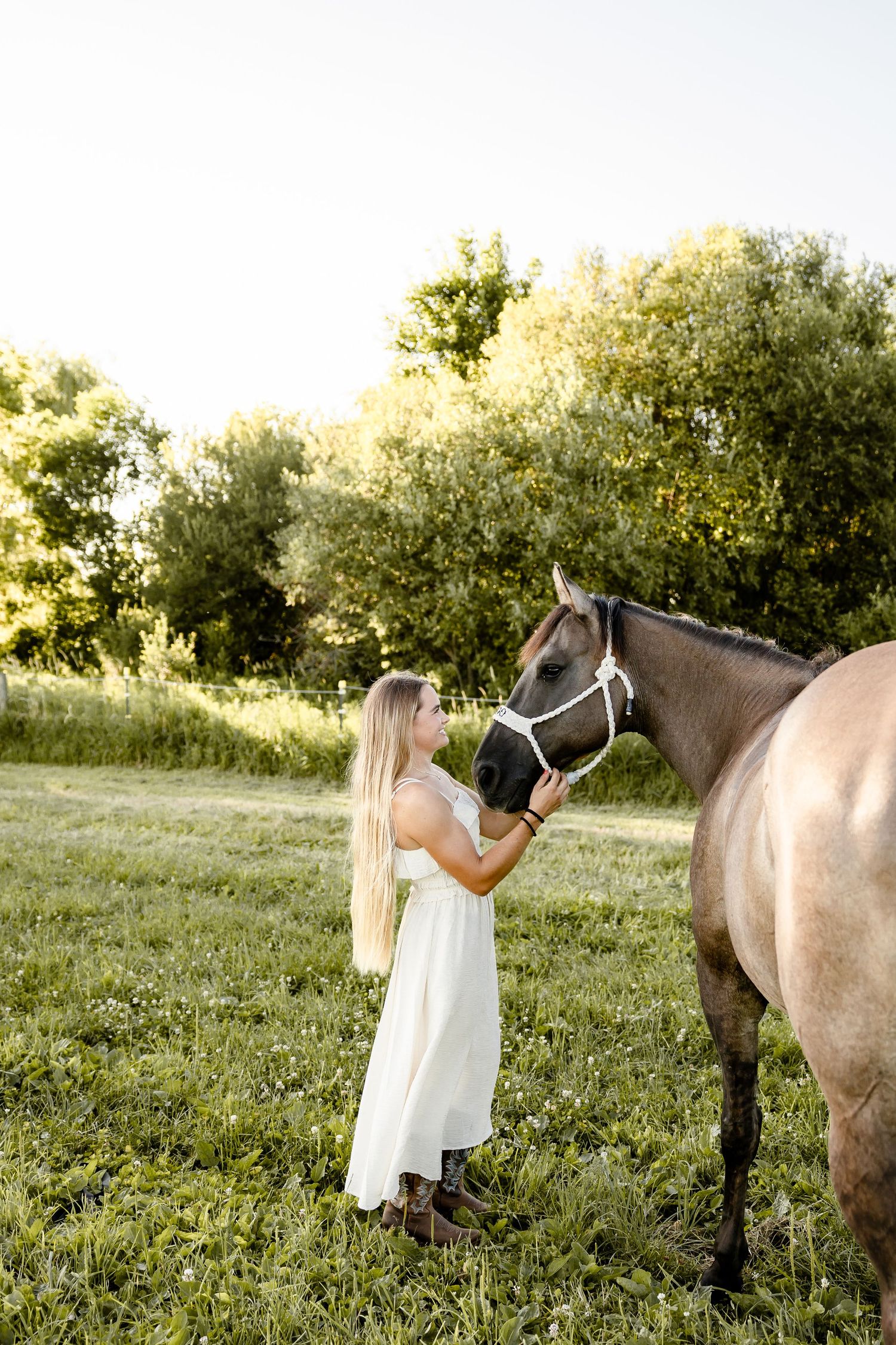Woman in white dress bonding with a brown horse in a sunny green meadow surrounded by trees.