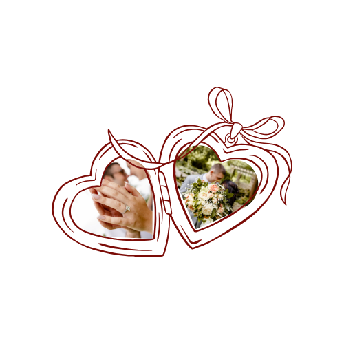 Two heart-shaped photo frames with wedding photos, tied with a red ribbon bow, featuring a couple and rings.
