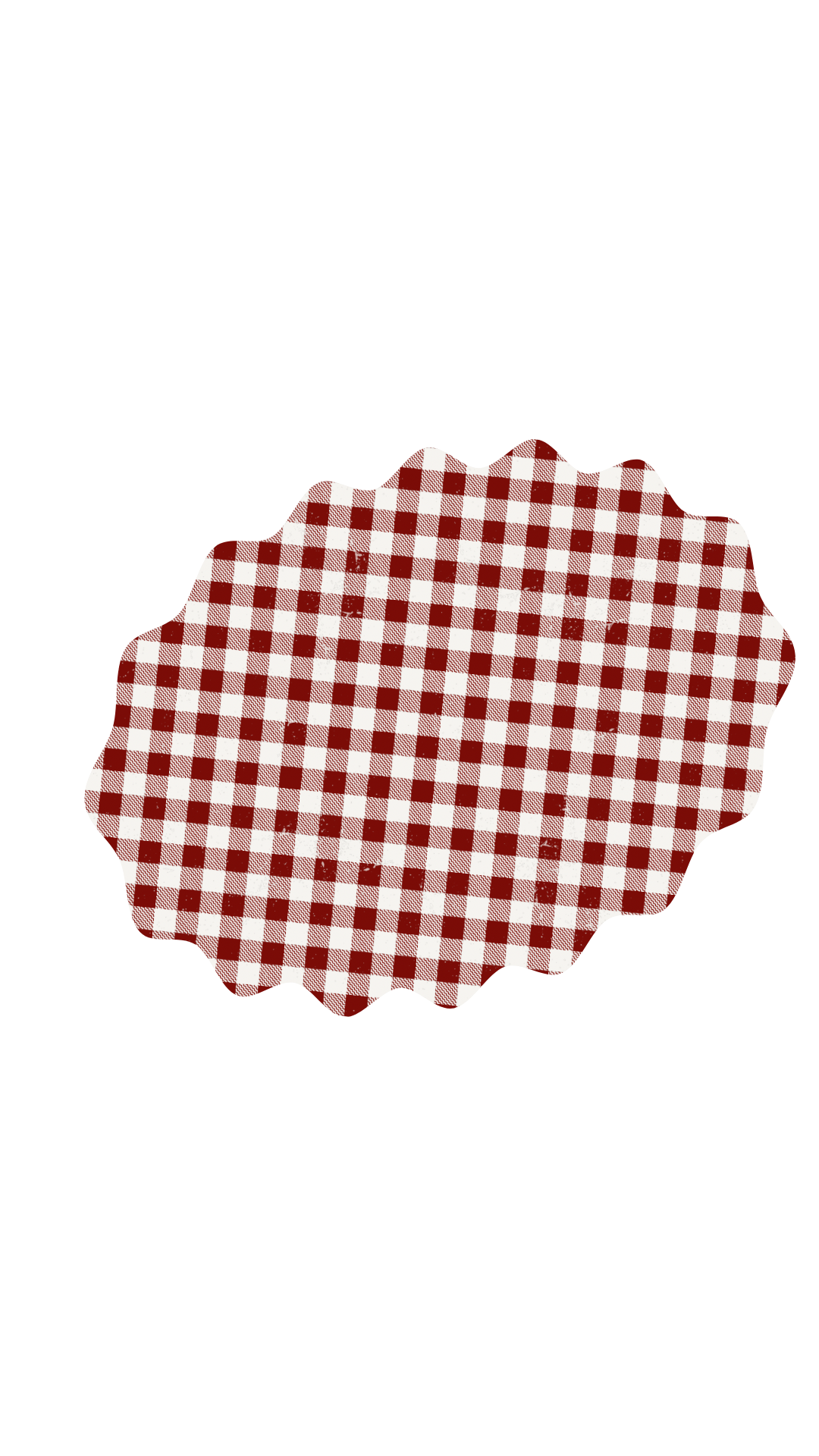 Red and white gingham checkered oval placemat with decorative scalloped edges on a white background.