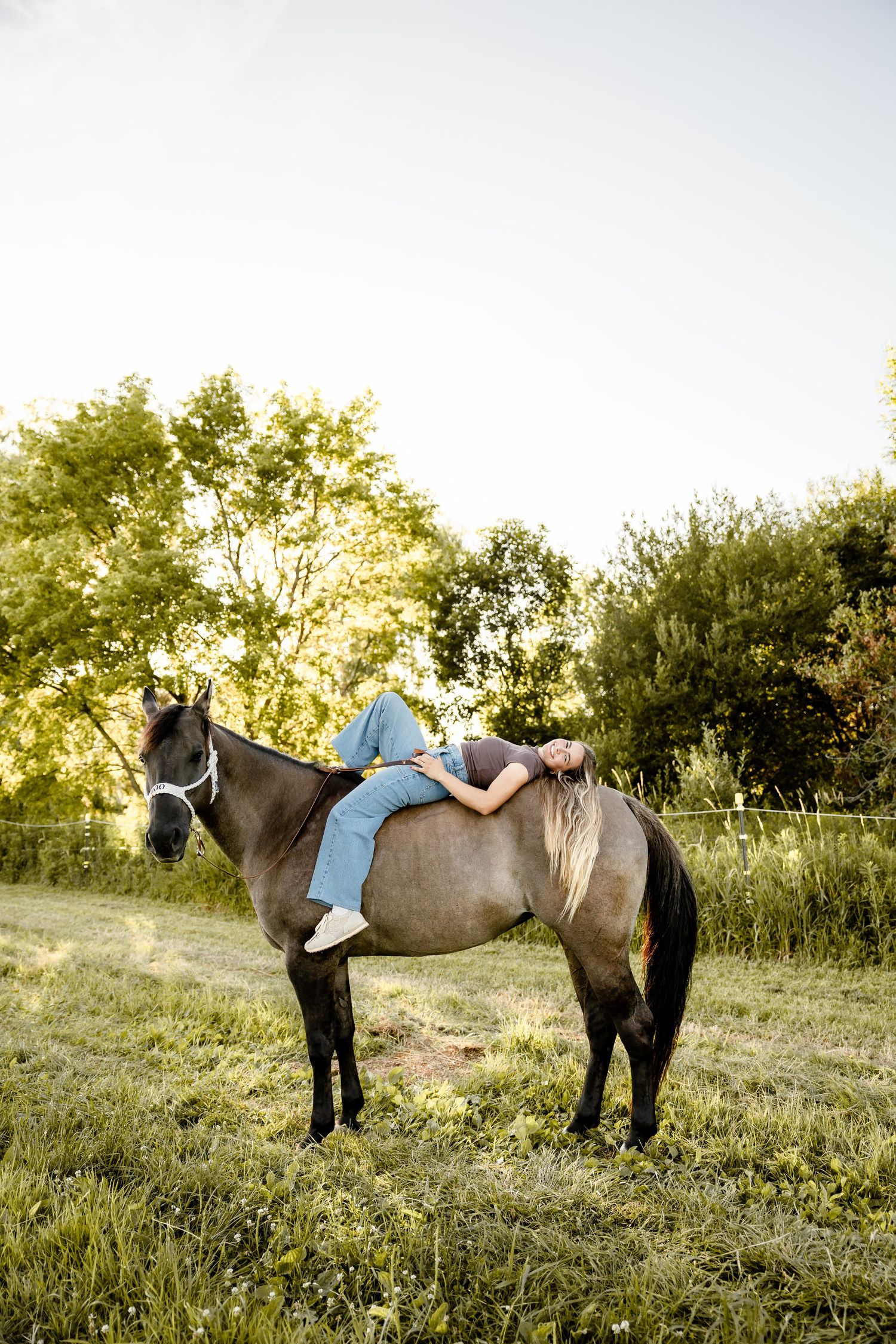 Woman lying on the back of a brown horse in a green field surrounded by trees on a sunny day.