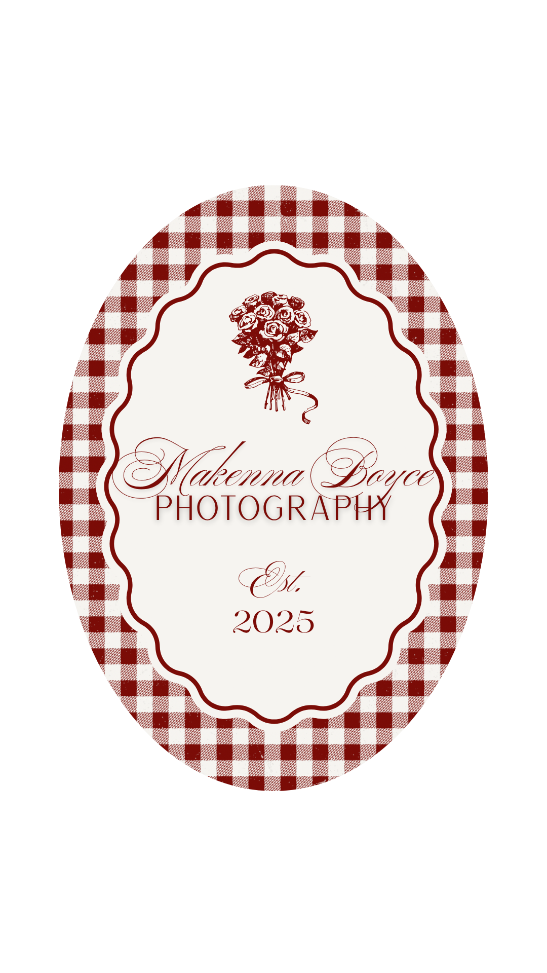 Red gingham oval logo for Makenna Boyce Photography Est. 2025 featuring a floral bouquet illustration.