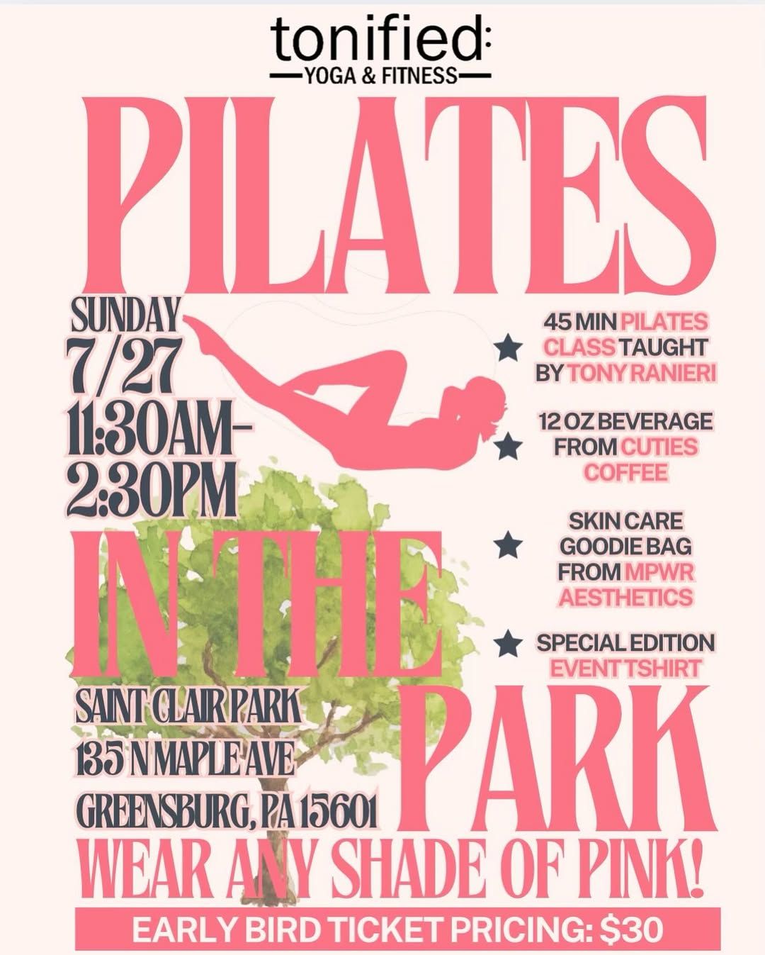 Event Flyer for Tonified Yoga & Fitness Pilates in the Park event