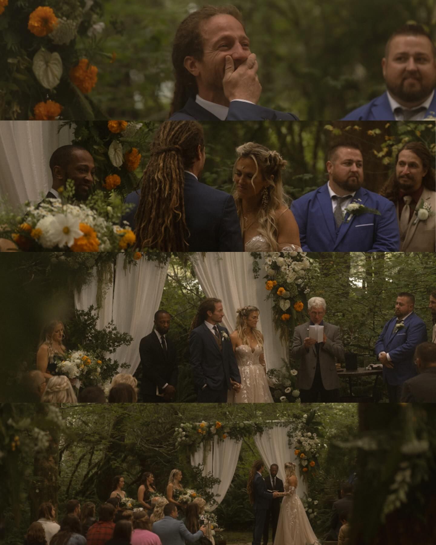 collage, cinematic, a man gasps at his bride, she joins him at the end of the aisle, green folliage, ferns, forks washington, twilight venue
