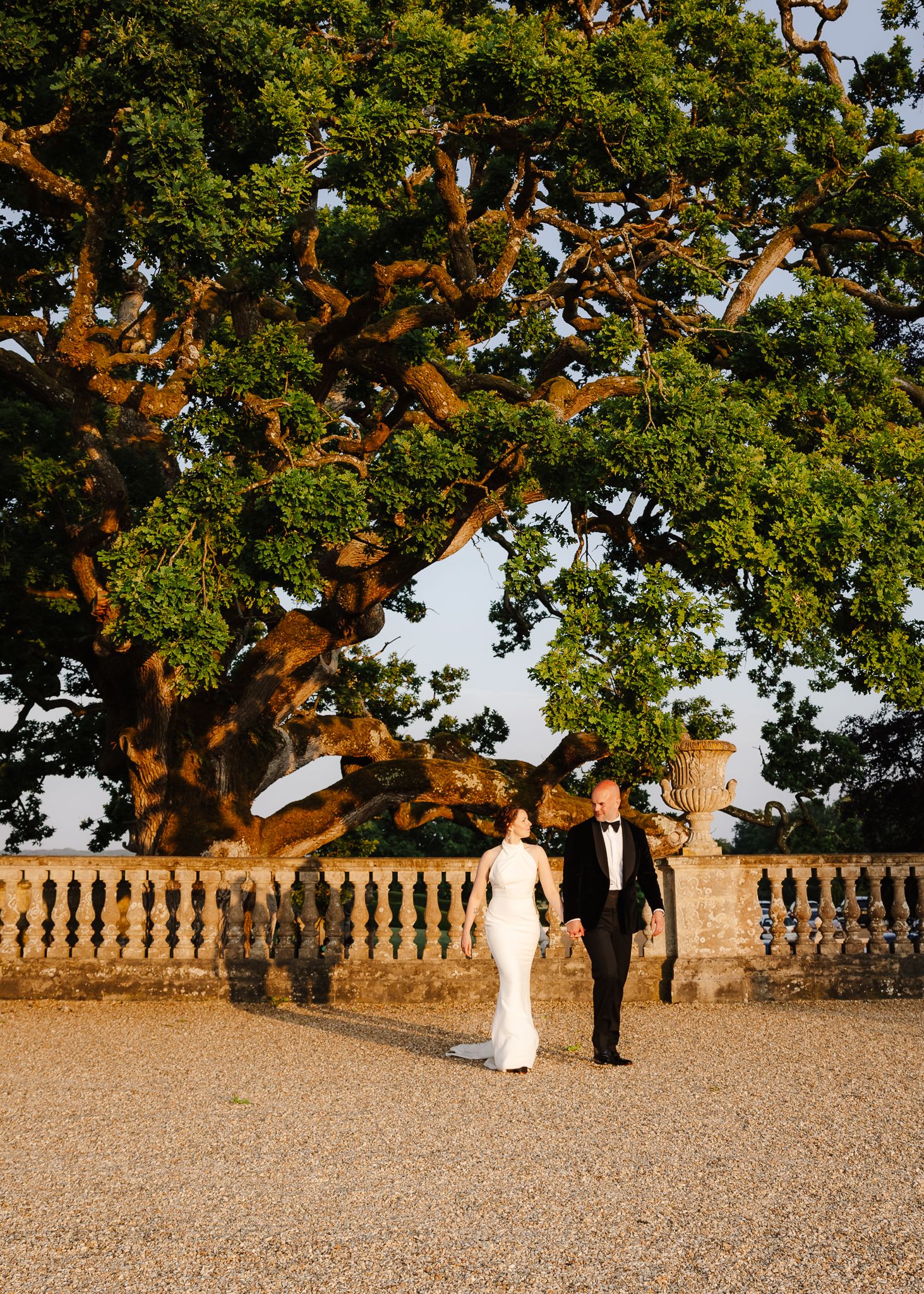 A couple walks along a stone balustrade beneath a majestic old oak tree at sunset.