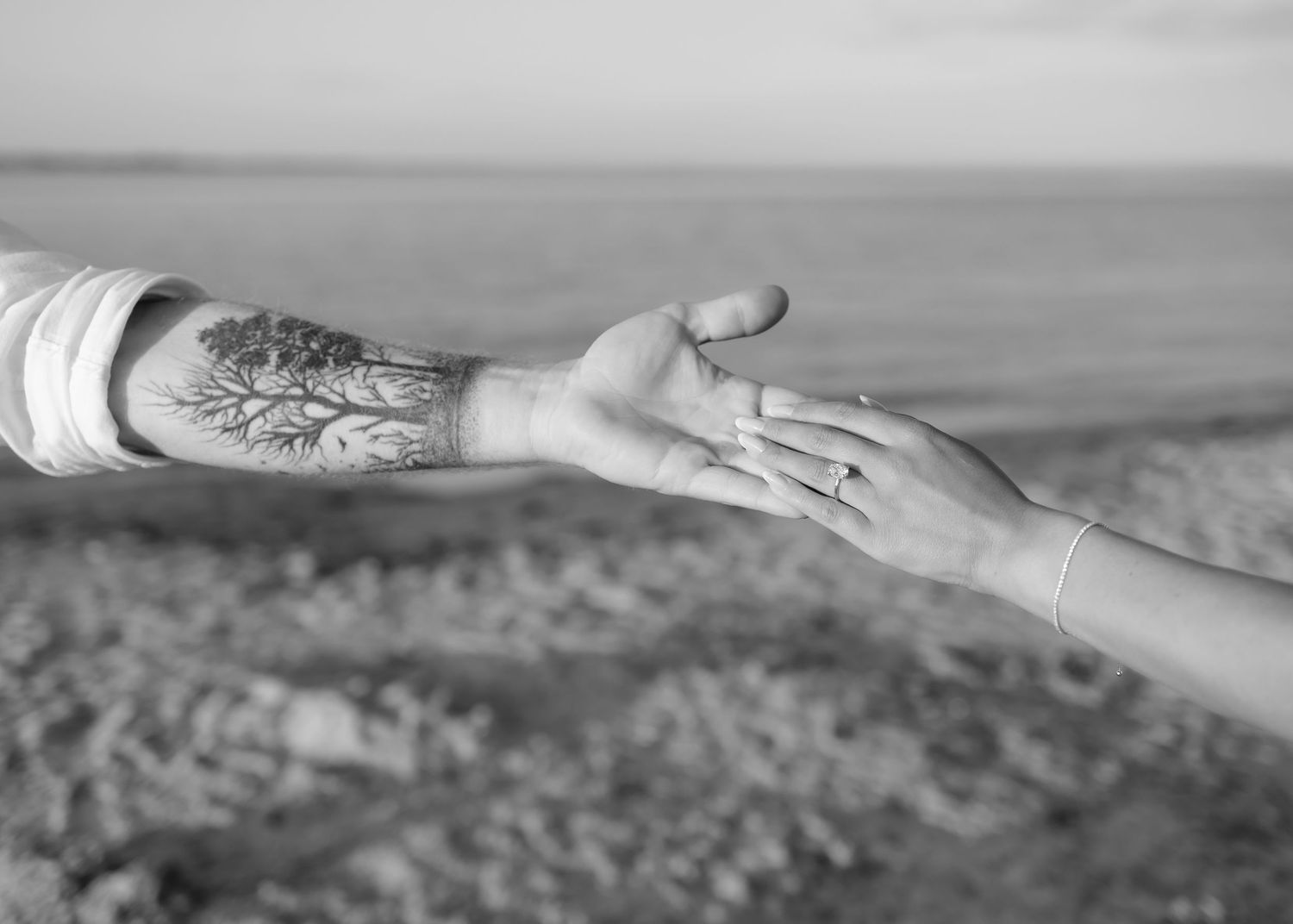 Black and white photo of two hands reaching toward each other, one with a tree tattoo, near a beach.
