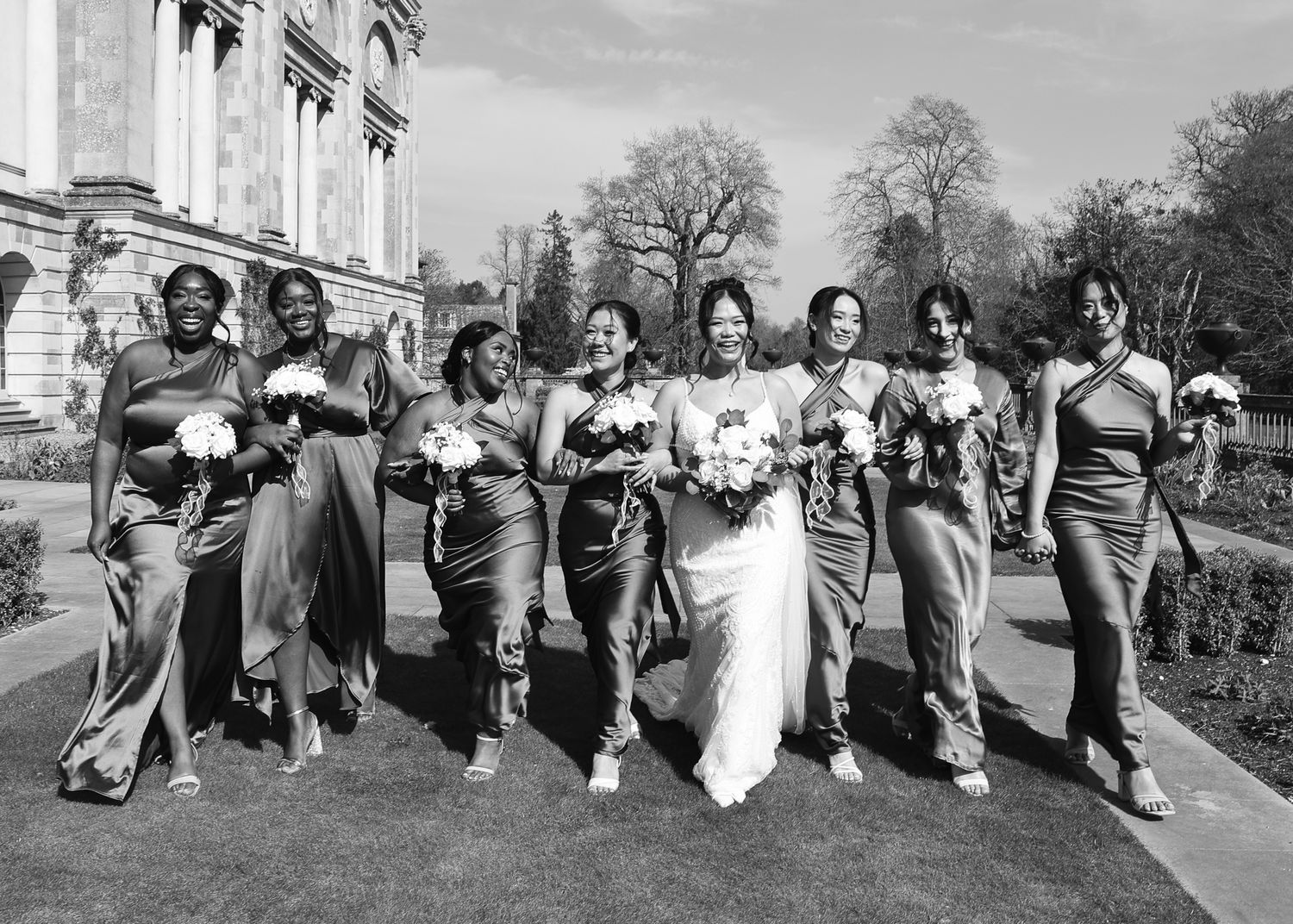 A black and white photo collage showing wedding party groups posing outdoors in formal attire.