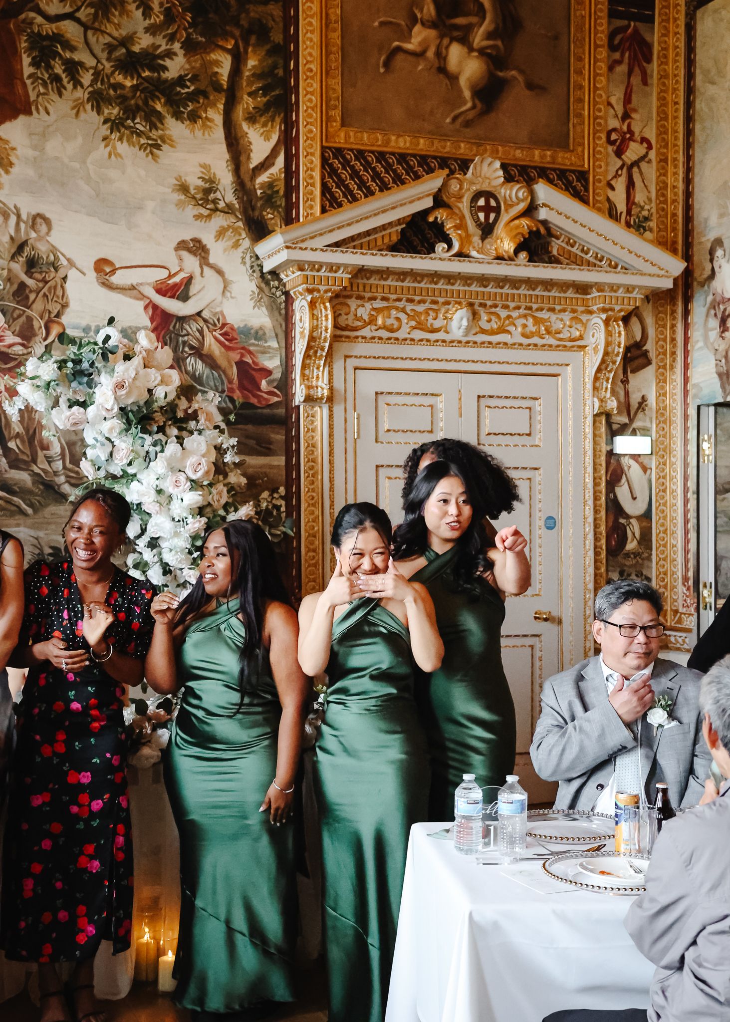 A series of candid moments at an elegant reception showing people seated at tables in a luxurious ornate room.