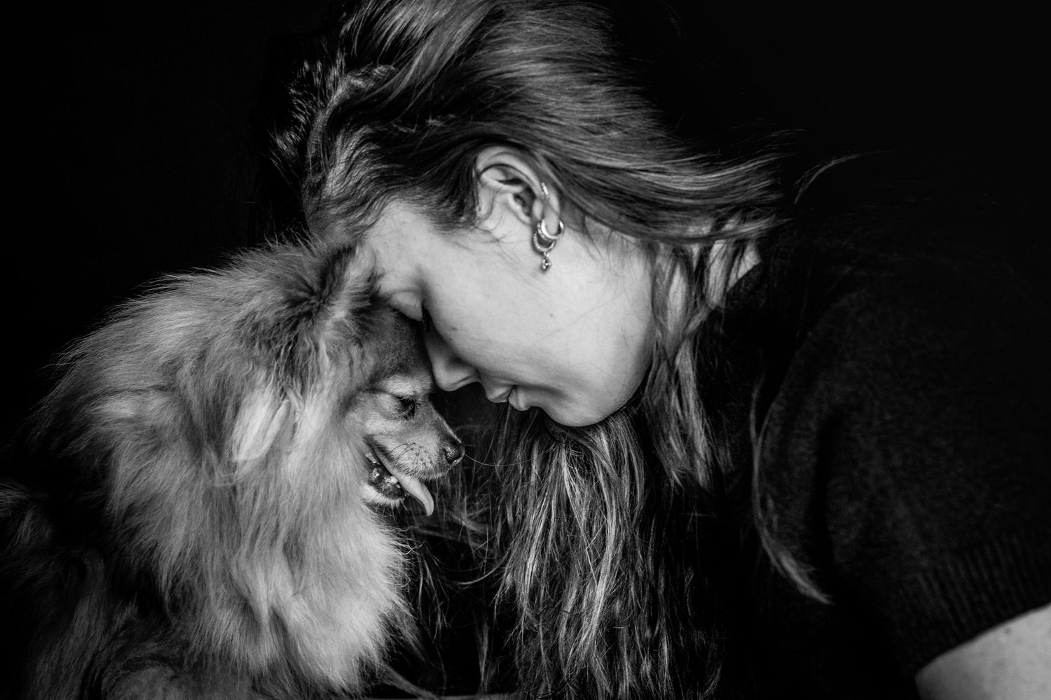 Portrait Wenaewe photographe Sarthe Le Mans Champagné Mulsanne photographe chien chevaux chat chiot studio fond noir spitz complicité regard