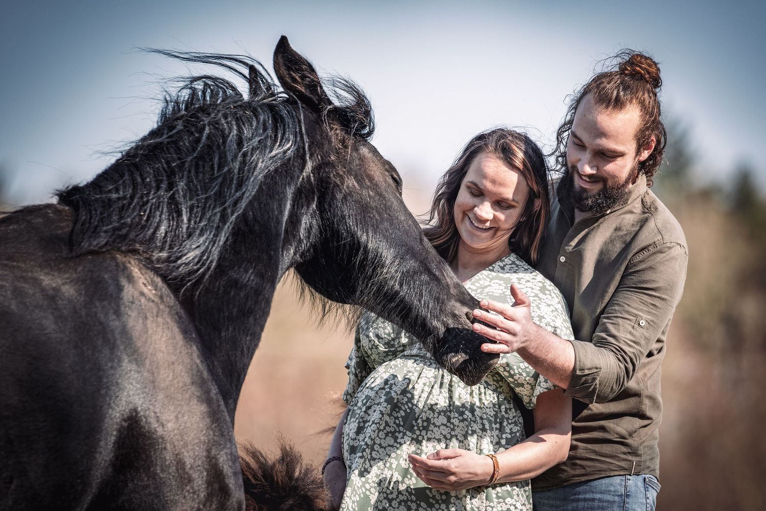 Portrait Wenaewe photographie sarthe Le Mans photographe animalier Couple, femme enceinte, cheval noir, douce, séance photo grossesse champs
