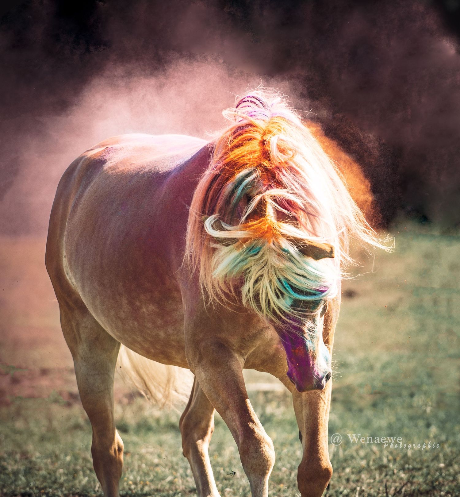 Portrait cheval Wenaewe photographie sarthe photographe animalier Photo en mouvement avec poudre holi powder couleur rose dans un champs