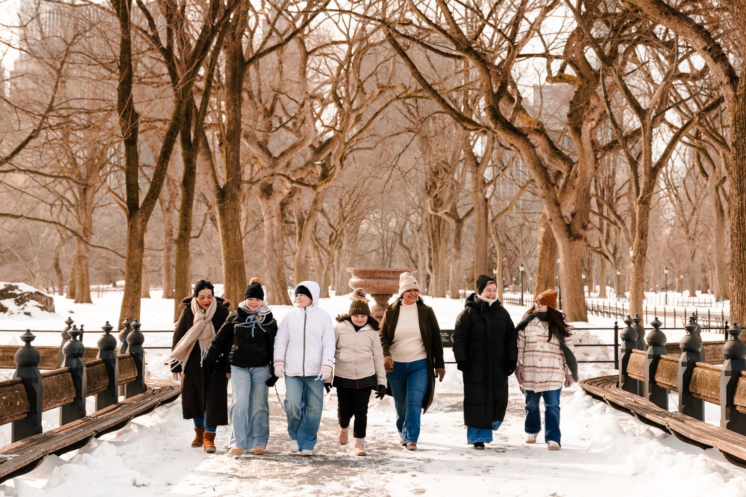 Group of people walking together along a snow-lined tree-canopied path in Central Park during winter.