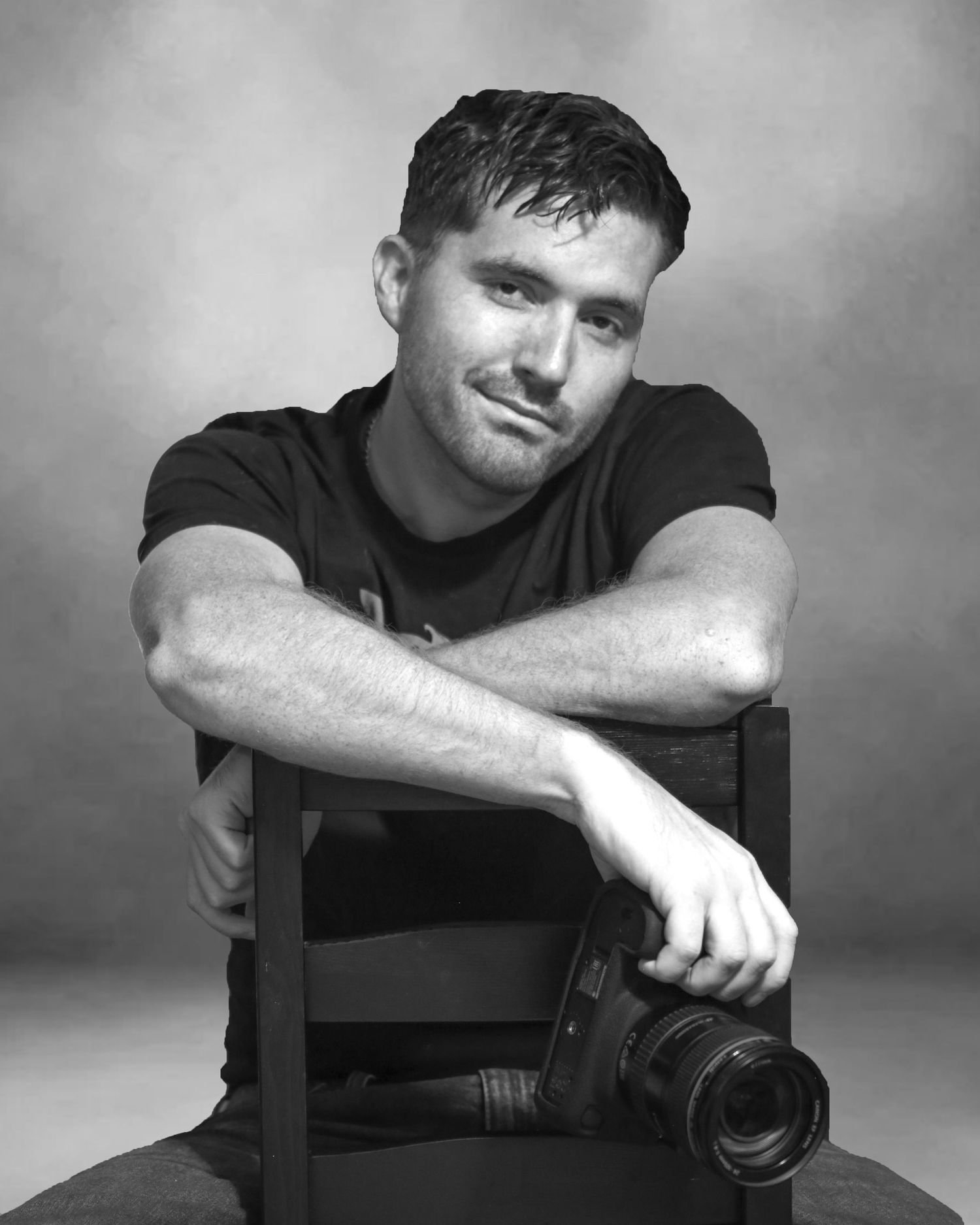 Black and white portrait series showing a person in casual attire resting their arm on a chair in different poses.