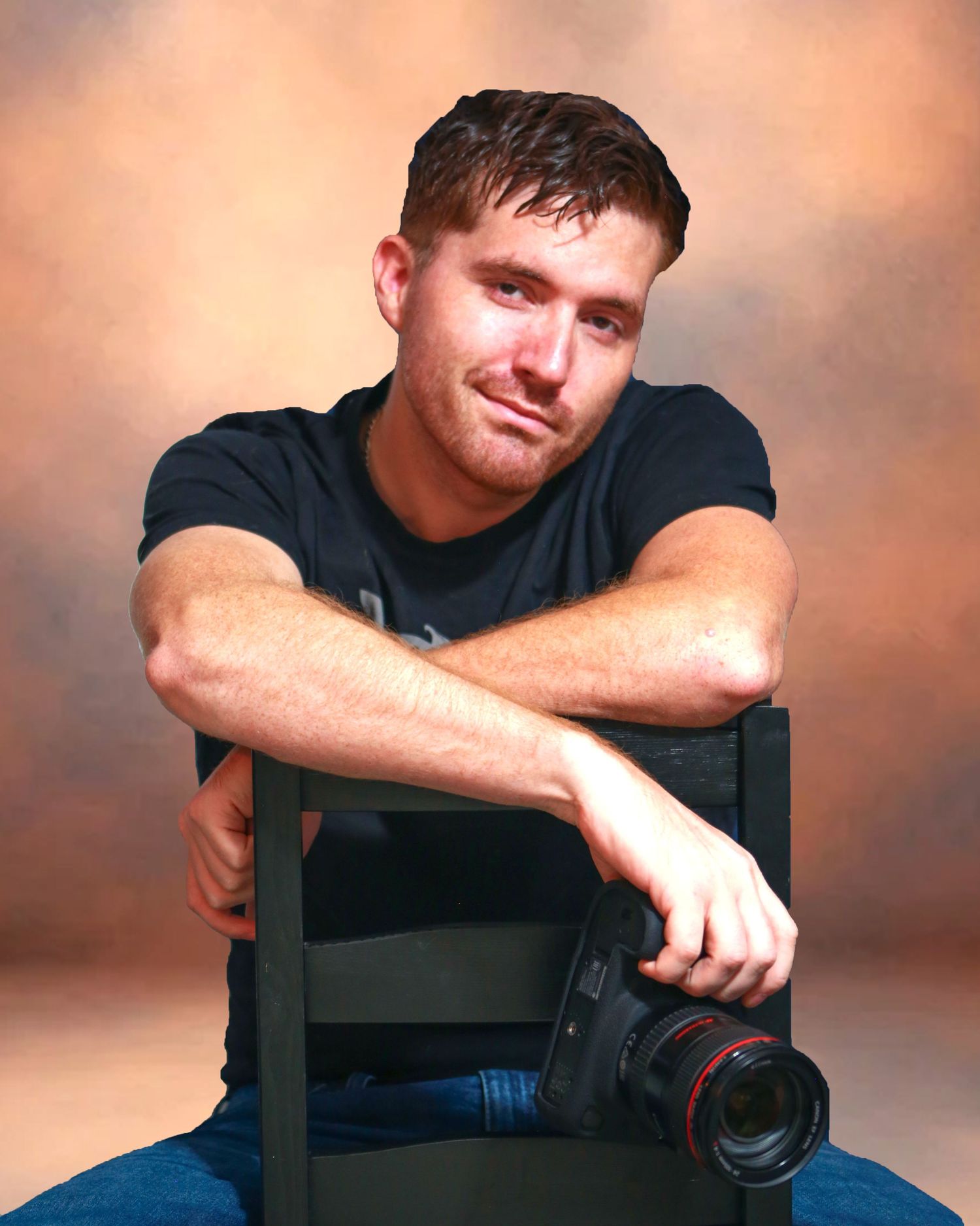 A person in a dark shirt poses against a warm-toned background in a series of casual portrait shots.