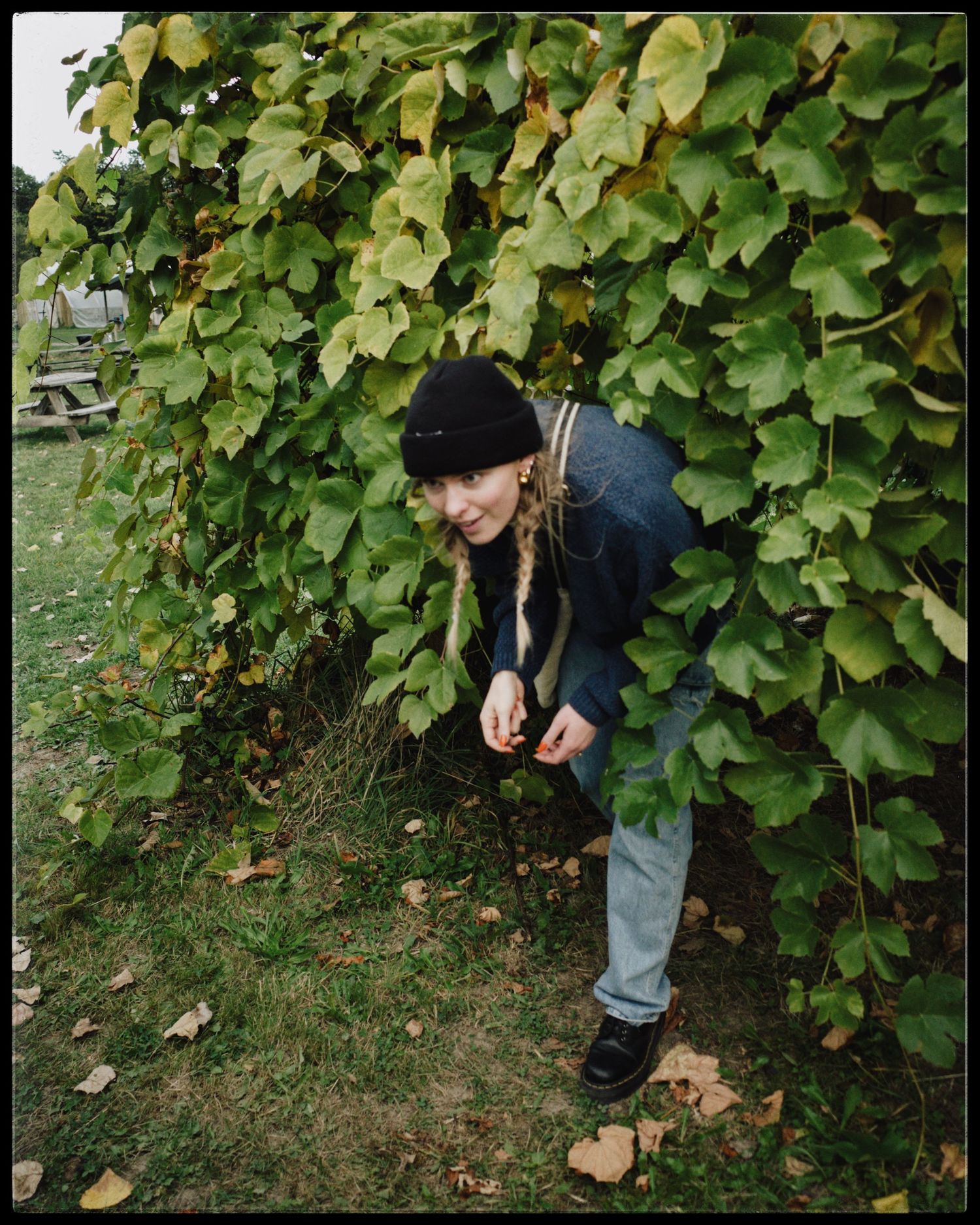 Person in black beanie and jeans bending under lush green ivy wall in an autumn park setting.