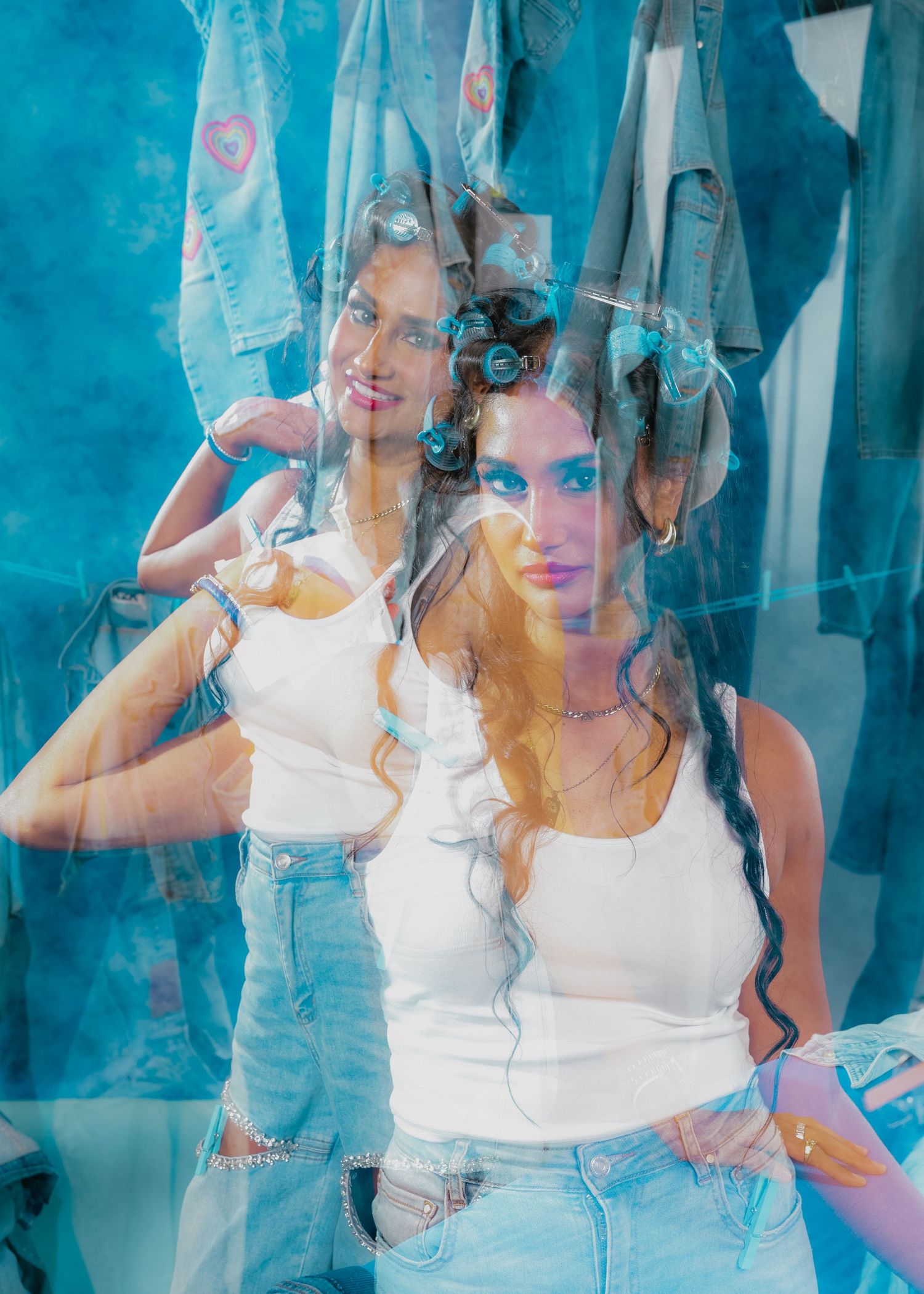 Retro-styled photo sequence with curlers and white tank top against blue backdrop.