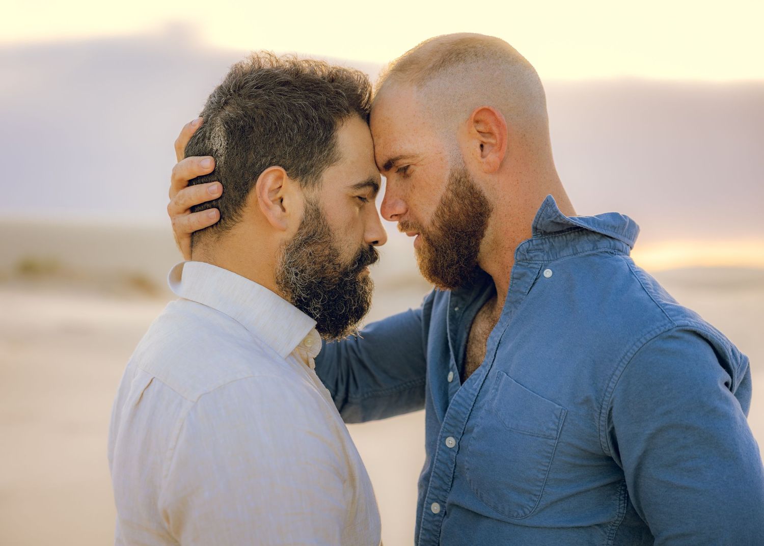 Intimate sequence of couple sharing tender moments on beach at sunset.