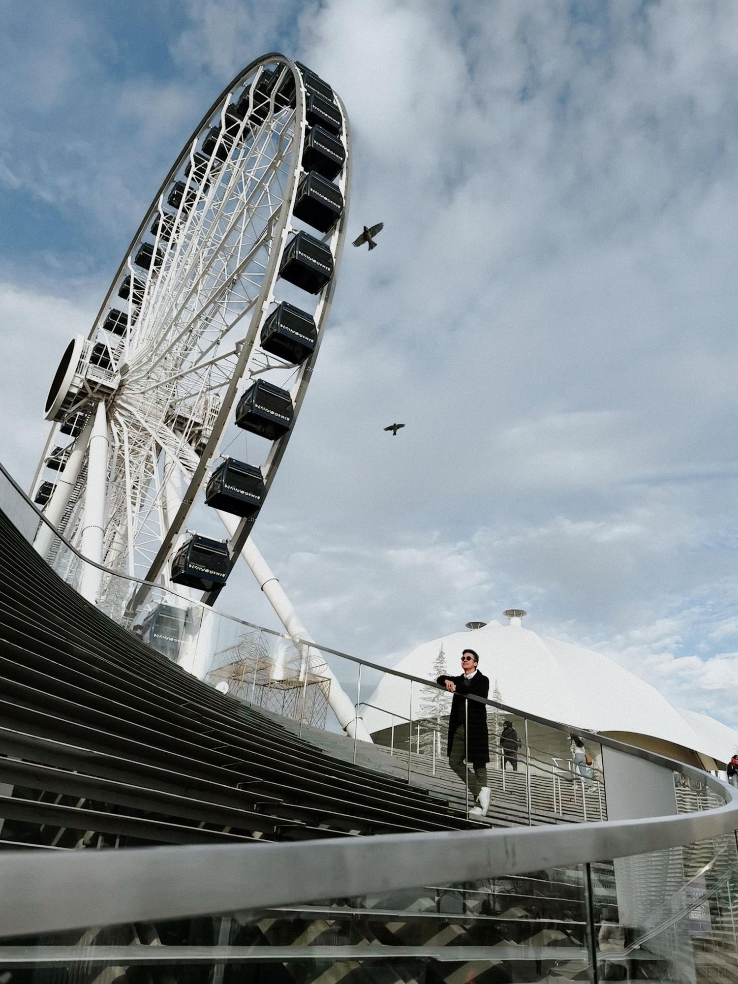 Large white Ferris wheel photographed from dramatic low angle against cloudy sky.