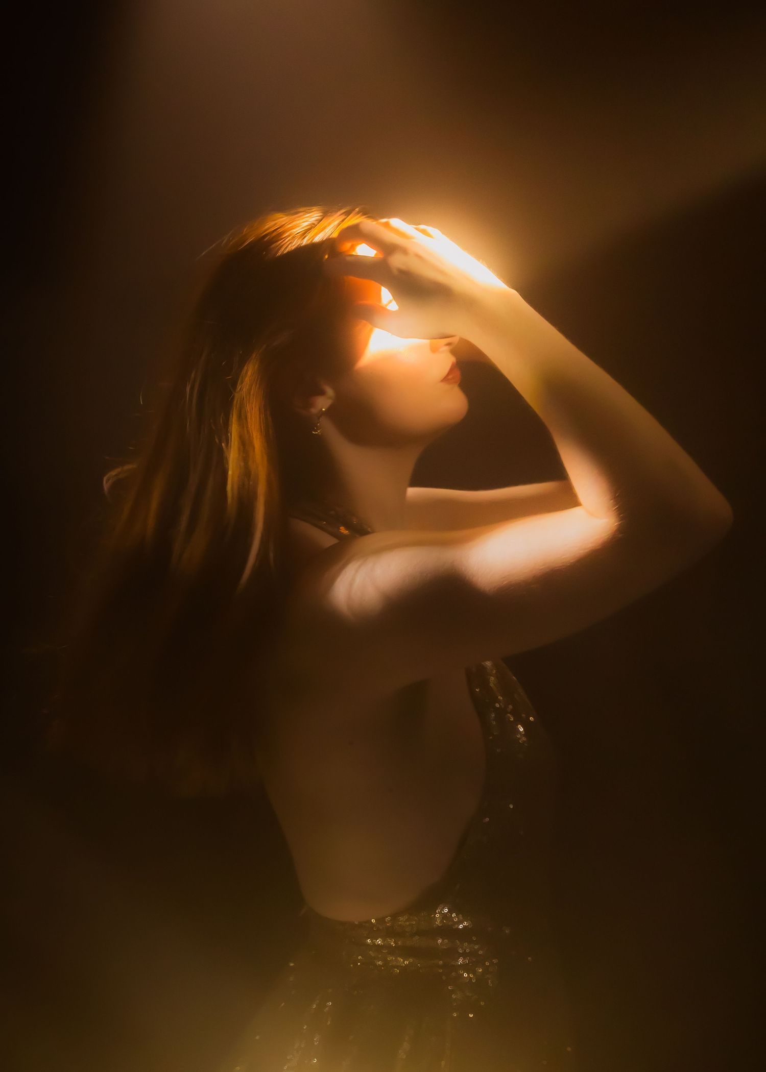 Artistic portrait with warm lighting shows figure in sparkling dress with dramatic pose.