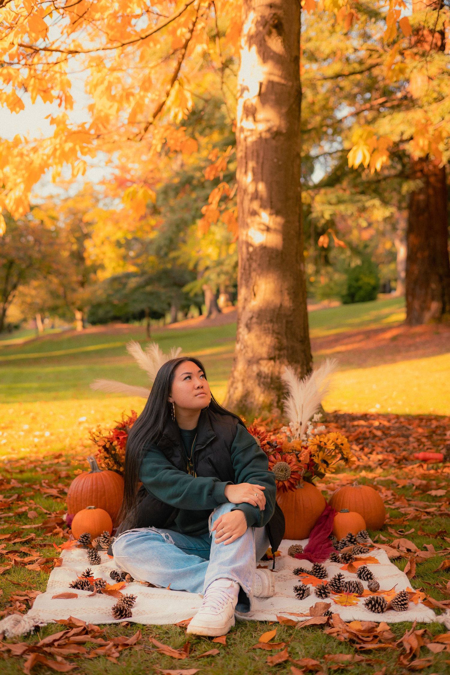 Autumn scene with pumpkins and pine cones arranged on a white blanket under golden trees.