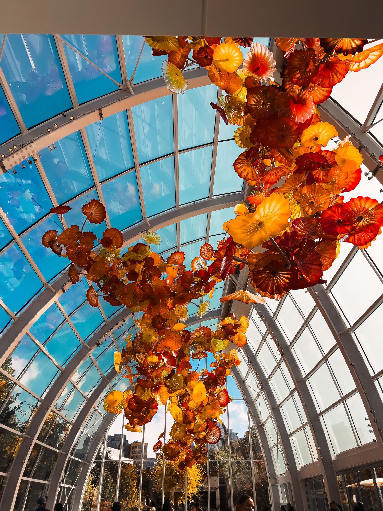 Stunning glass ceiling installation with autumn-colored sculptural elements in natural light.