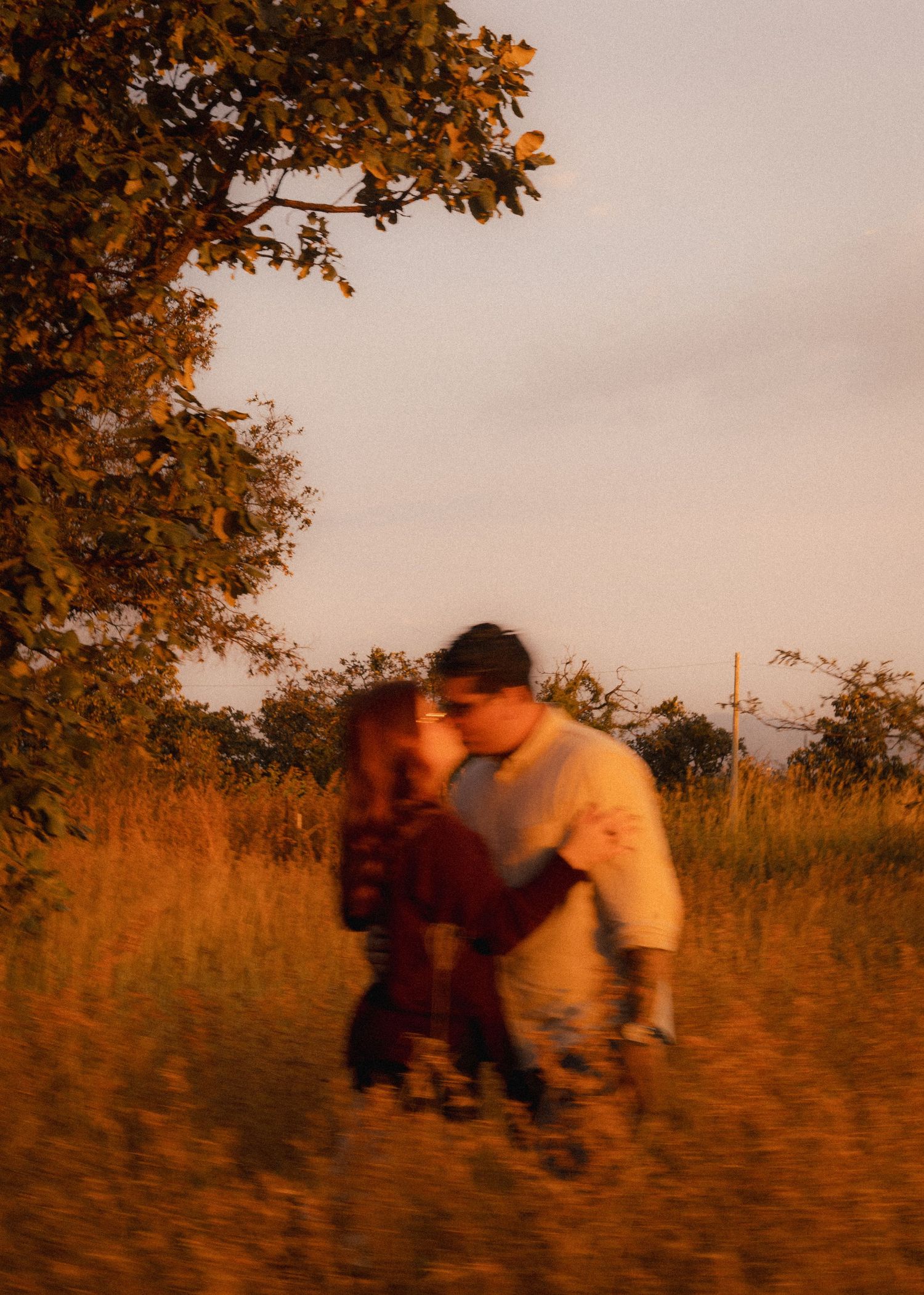 A sequence of silhouettes against an autumn sunset shows a couple embracing in a field with golden grass and trees.